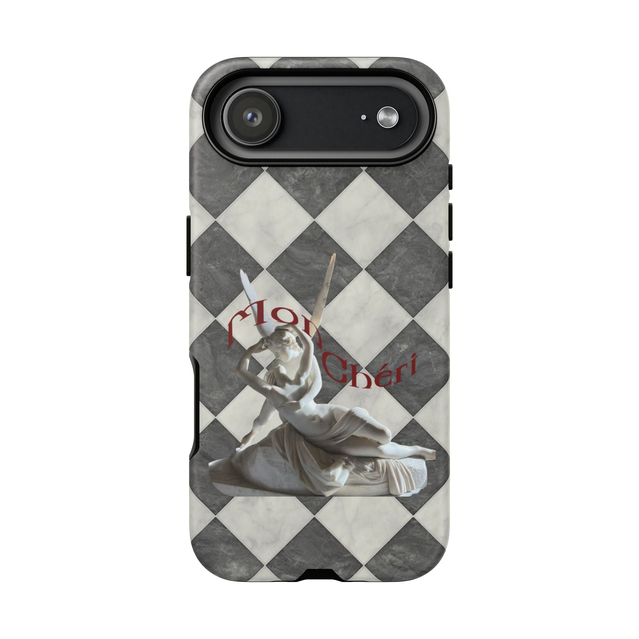 Phone Case — Vintage Harlequin Design with 'Mon Cheri' Statue Accent