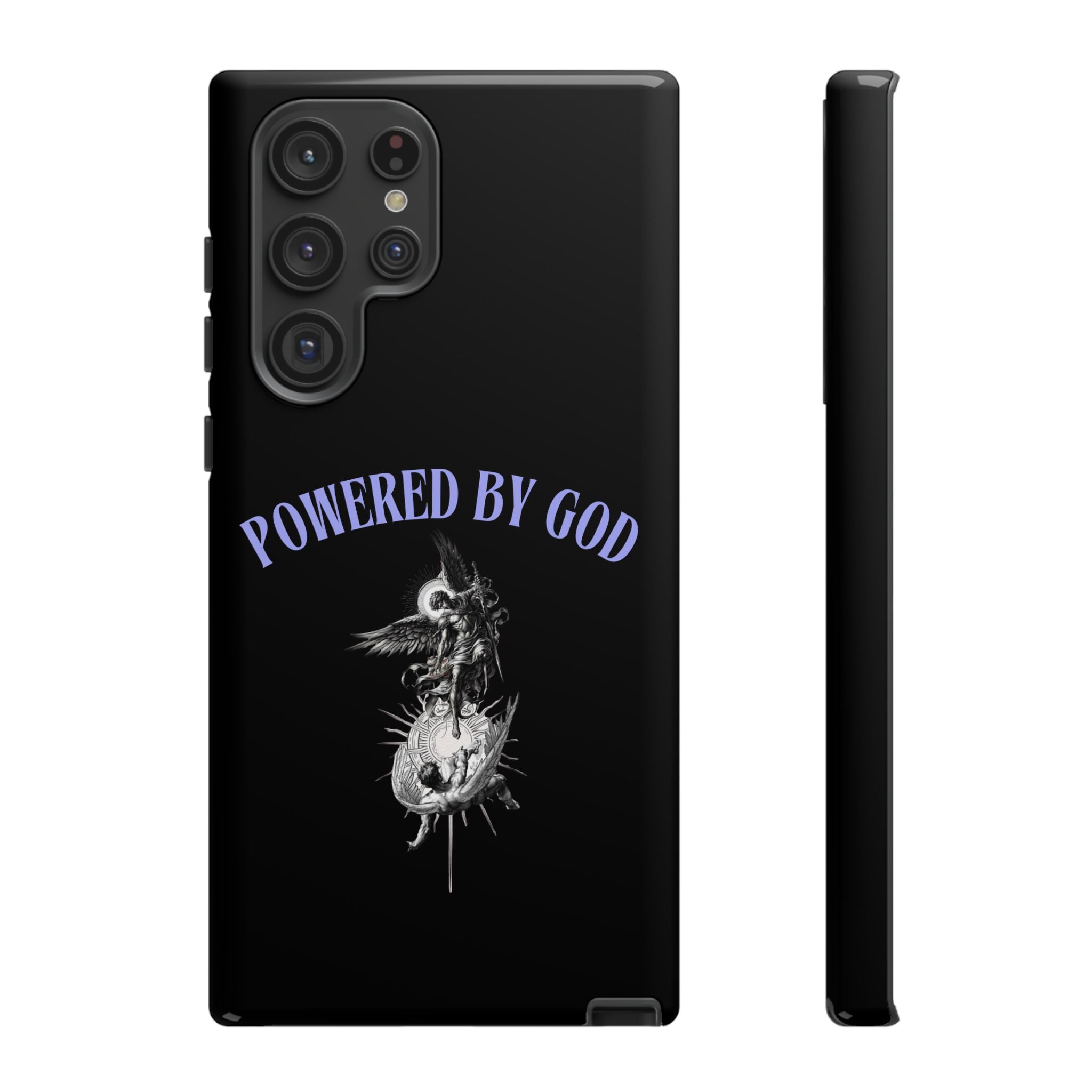 Phone Case — "Powered by God" Black Protective Case with Angelic Skull Design