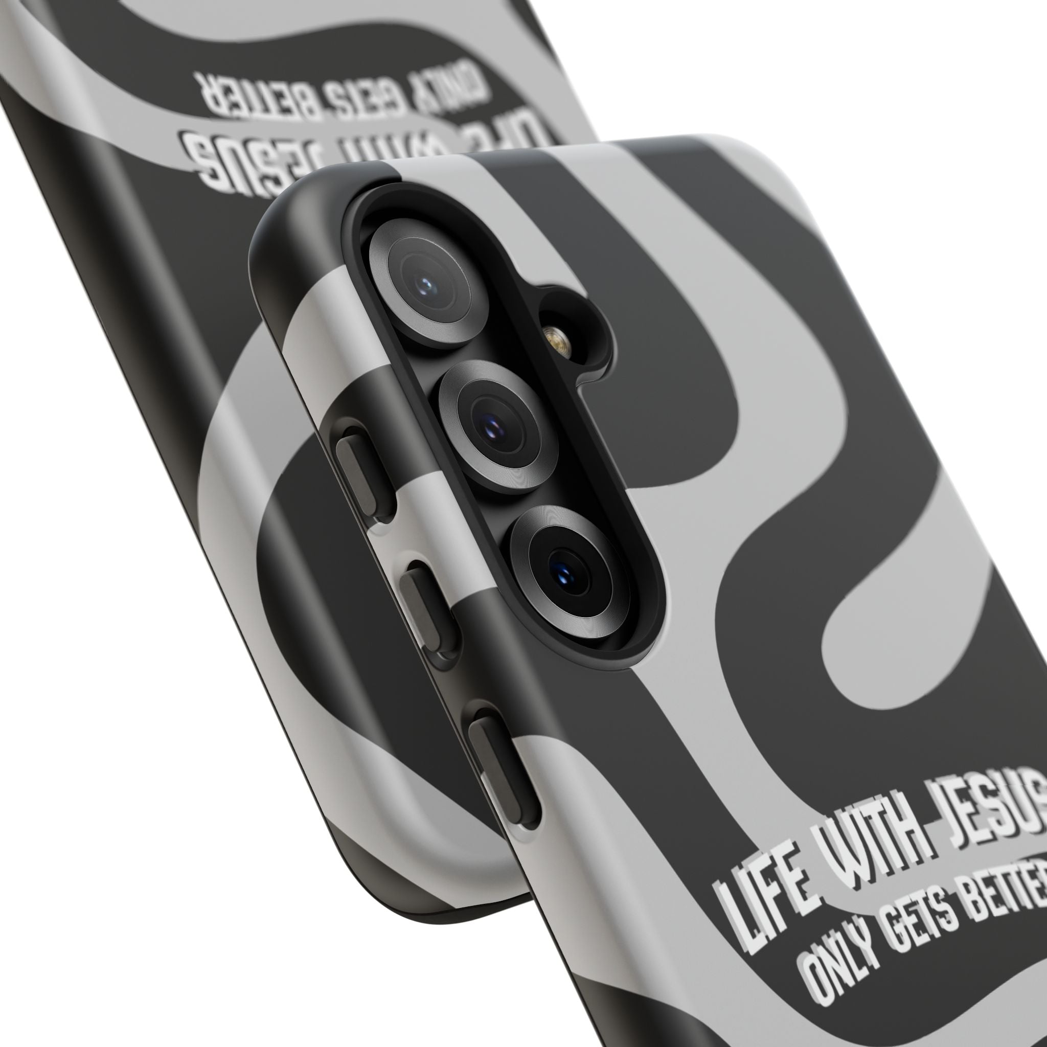 Christian iPhone Tough Case — "Life With Jesus Only Gets Better" Black & White Swirl Design