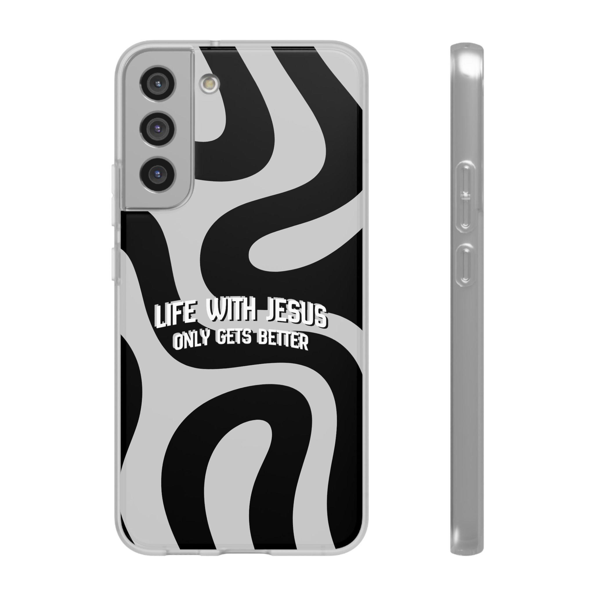 Religious Phone Case — "Life With Jesus Only Gets Better" Black & White Swirl Flexi Case