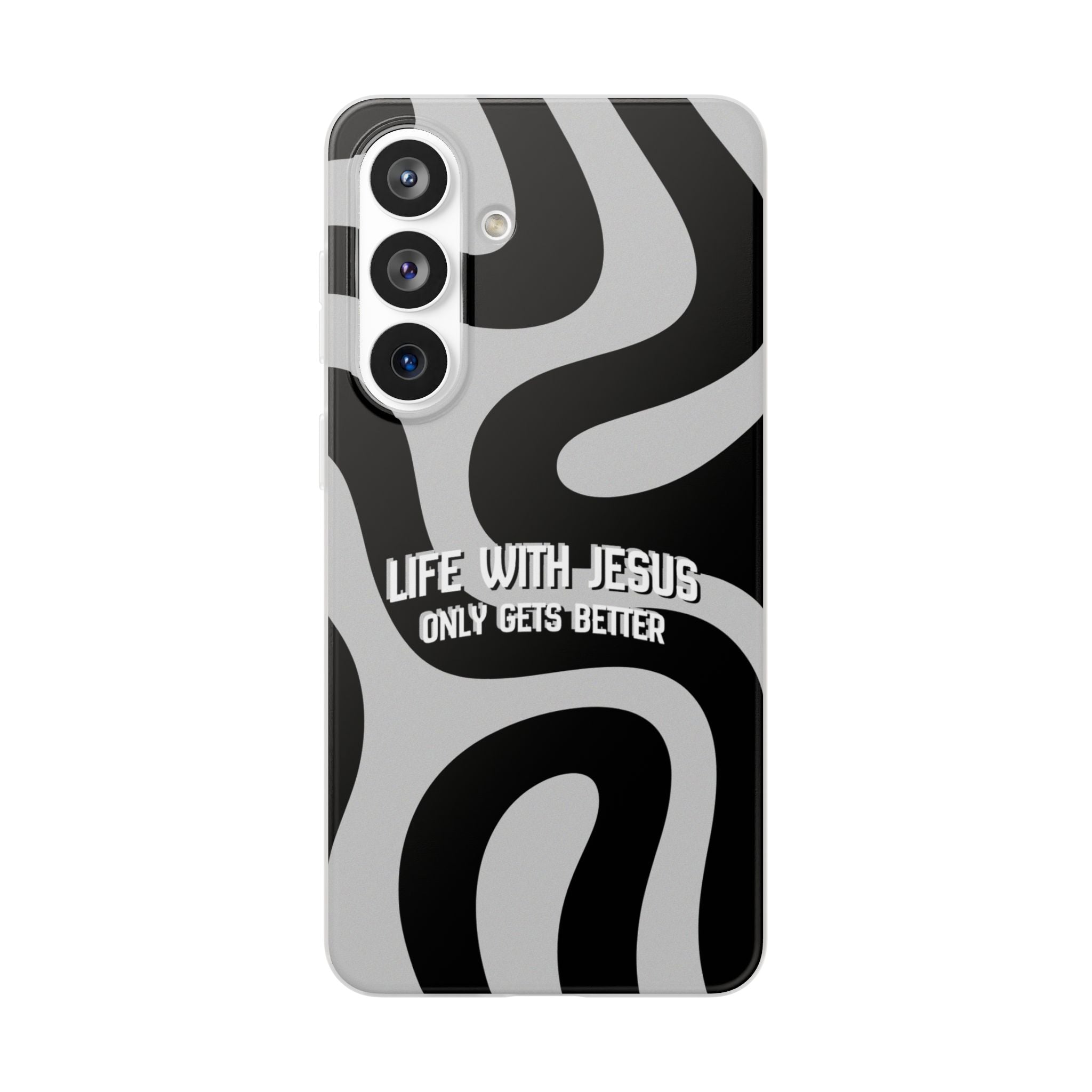 Religious Phone Case — "Life With Jesus Only Gets Better" Black & White Swirl Flexi Case