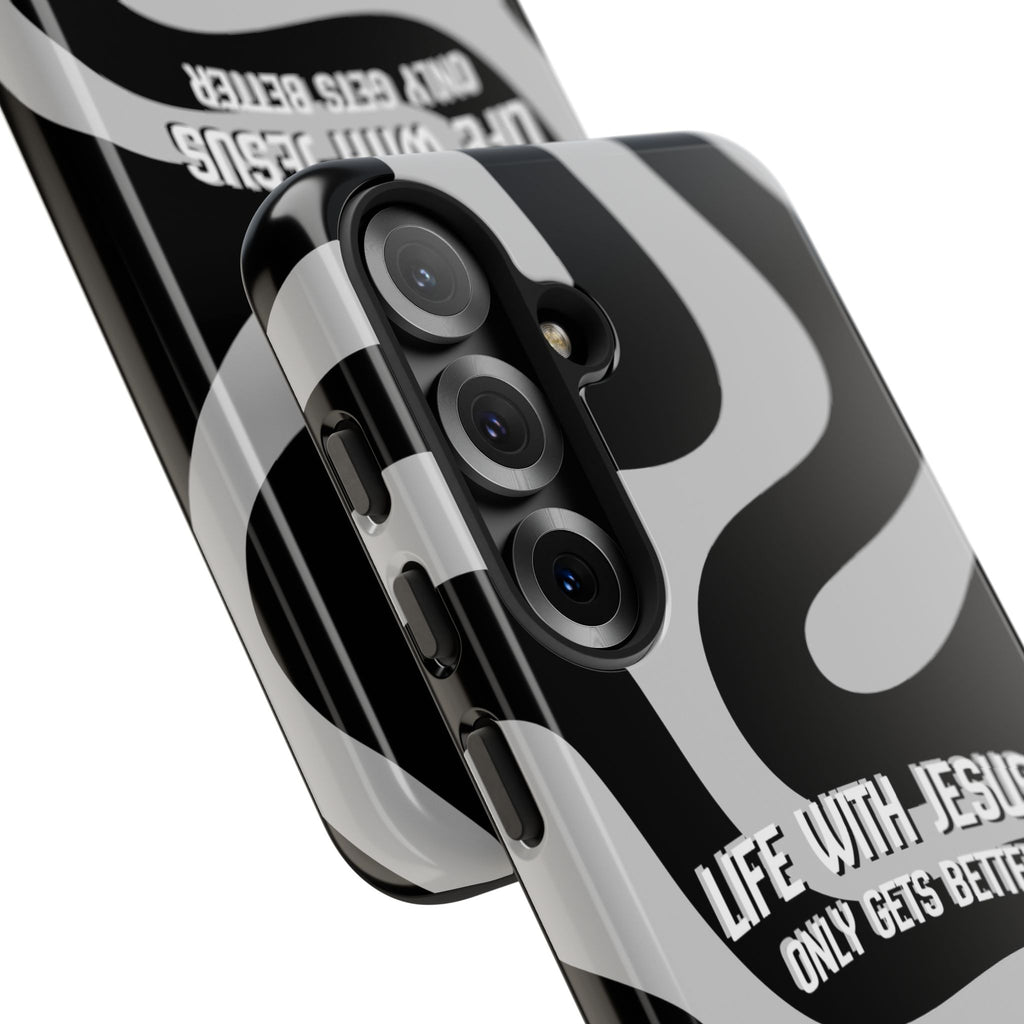 Christian iPhone Tough Case — "Life With Jesus Only Gets Better" Black & White Swirl Design