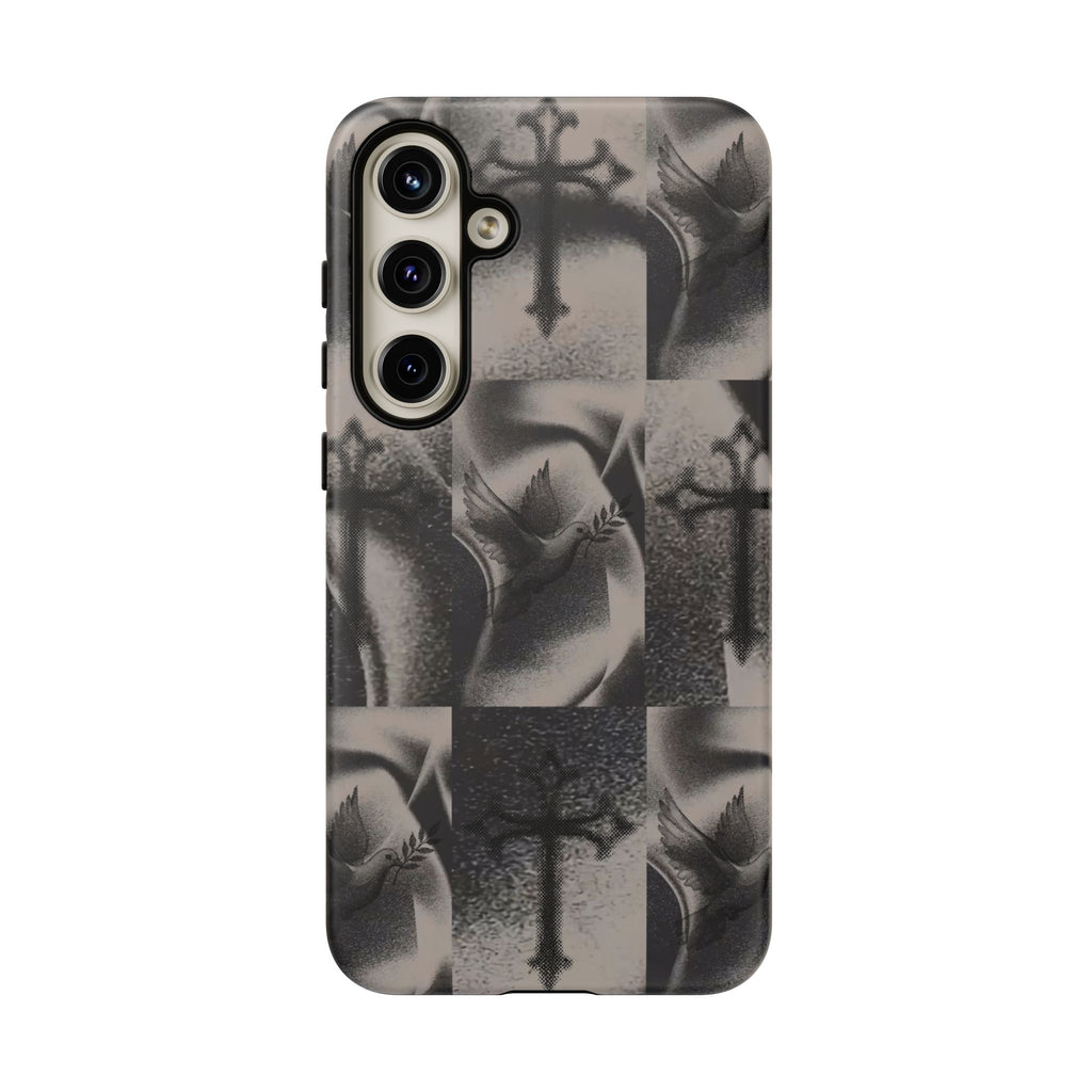 Gothic Cross & Dove Phone Case — Moody Checkerboard Protective Case