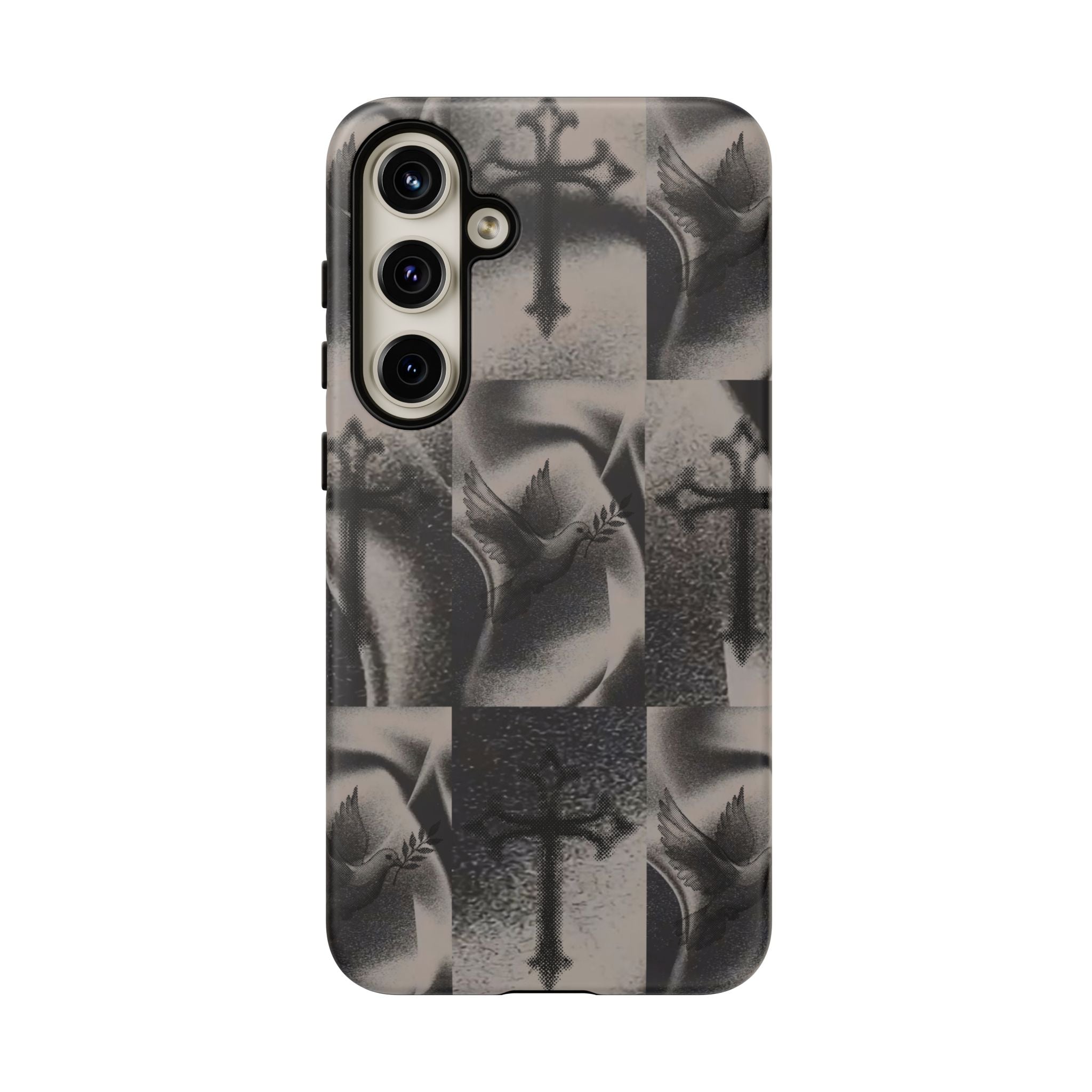 Gothic Cross & Dove Phone Case — Moody Checkerboard Protective Case