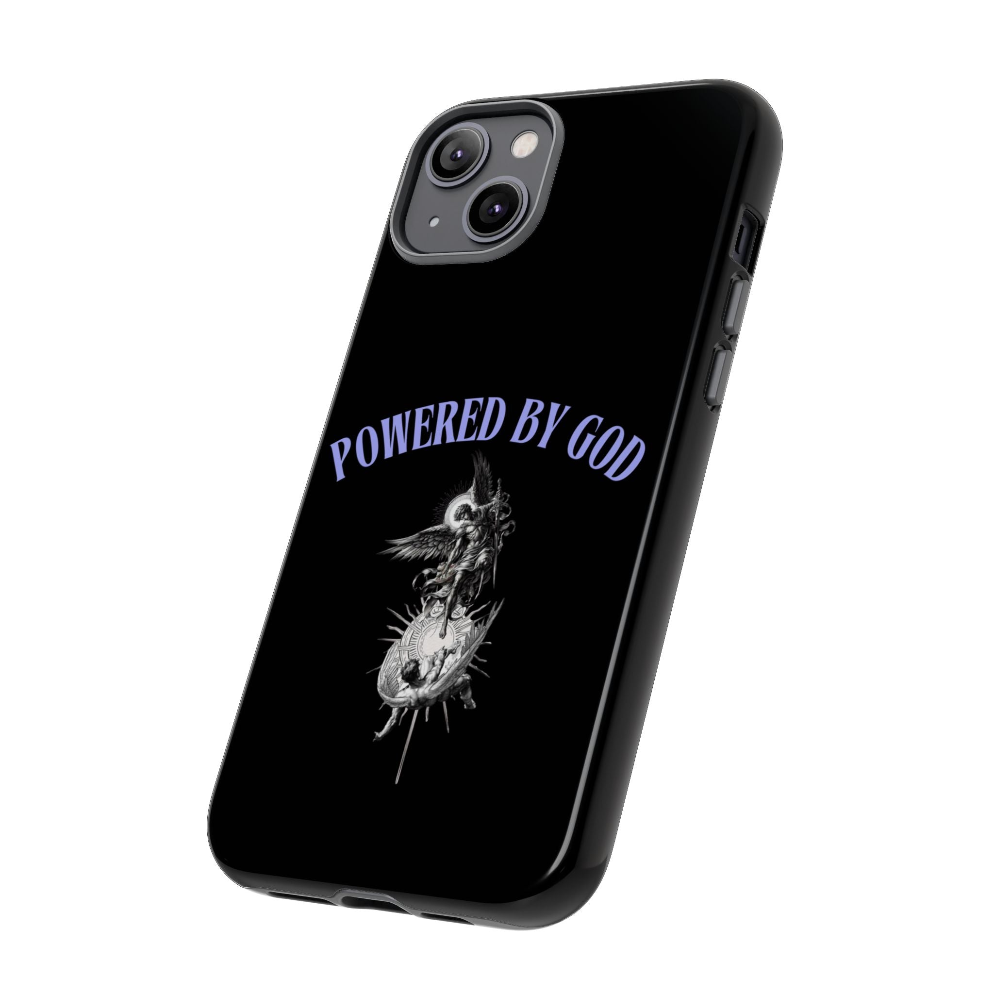 Phone Case — "Powered by God" Black Protective Case with Angelic Skull Design