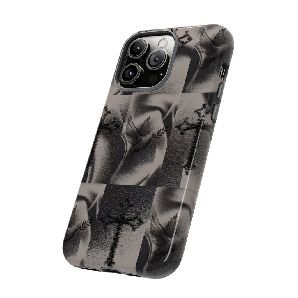 Gothic Cross & Dove Phone Case — Moody Checkerboard Protective Case