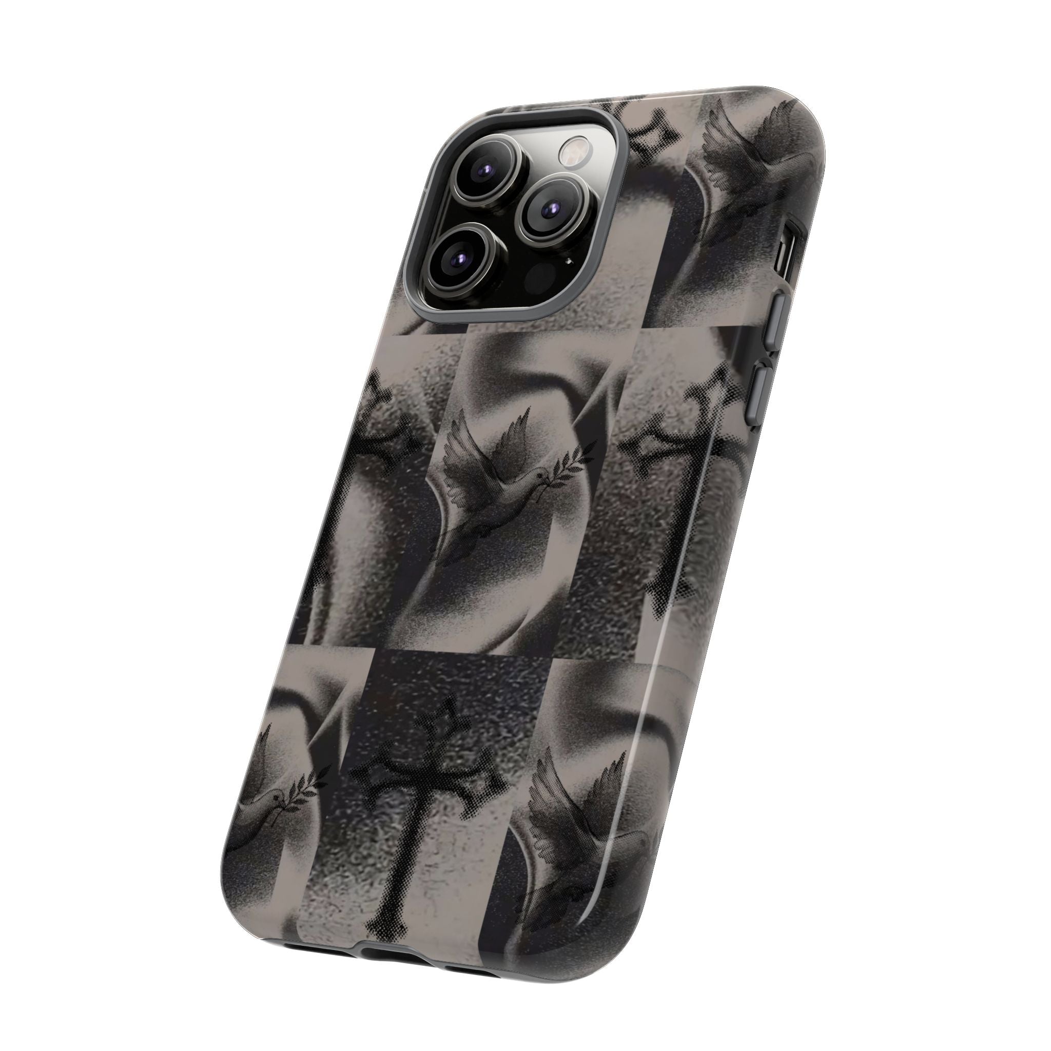 Gothic Cross & Dove Phone Case — Moody Checkerboard Protective Case