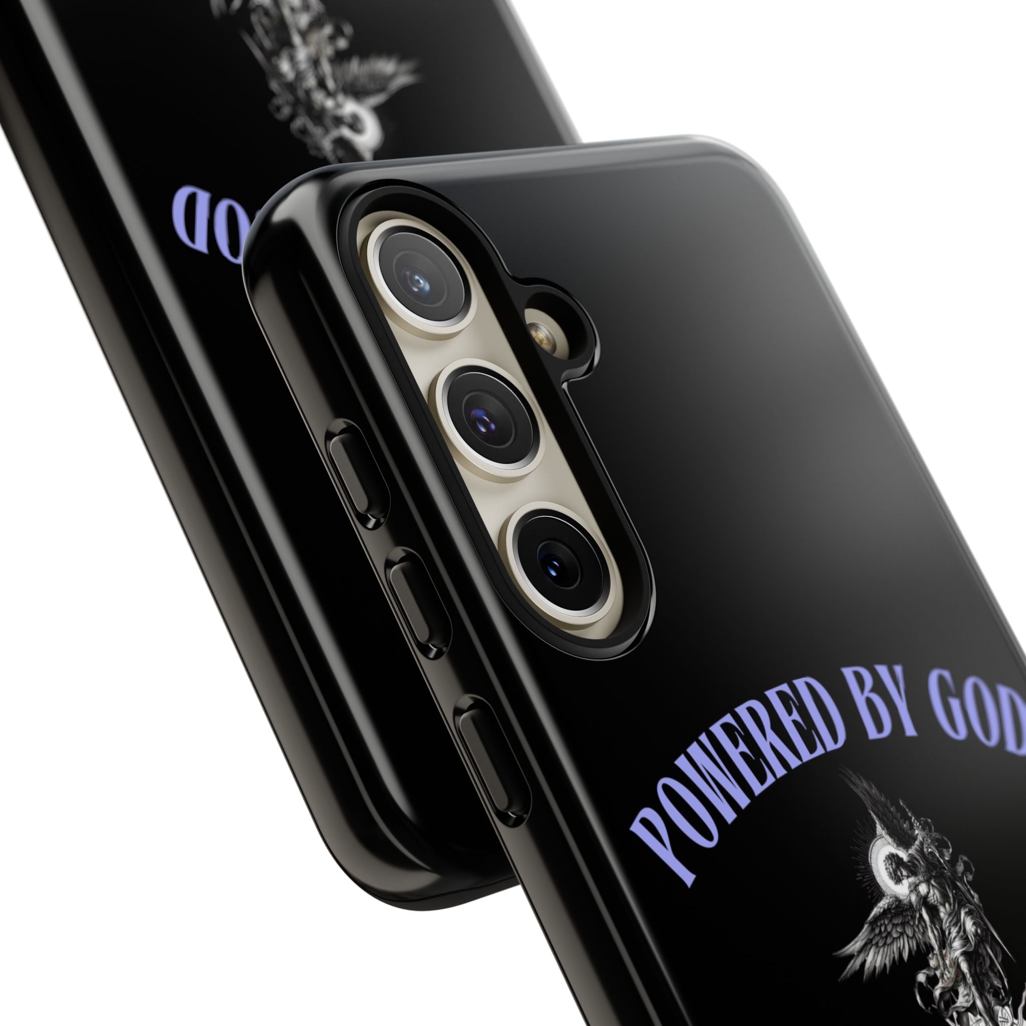 Phone Case — "Powered by God" Black Protective Case with Angelic Skull Design