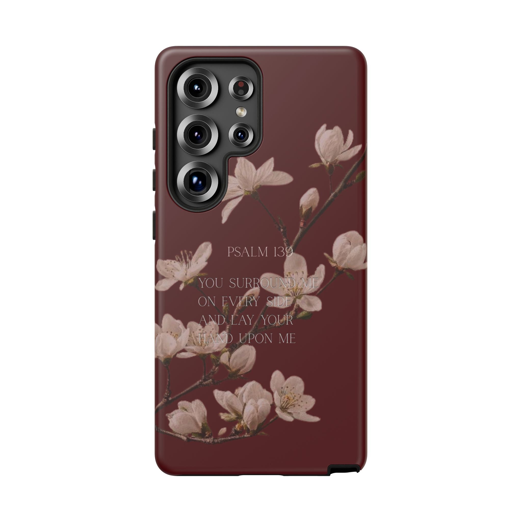 Floral Psalm Tough Phone Case — Burgundy Magnolia Branch with Psalm 139 Verse