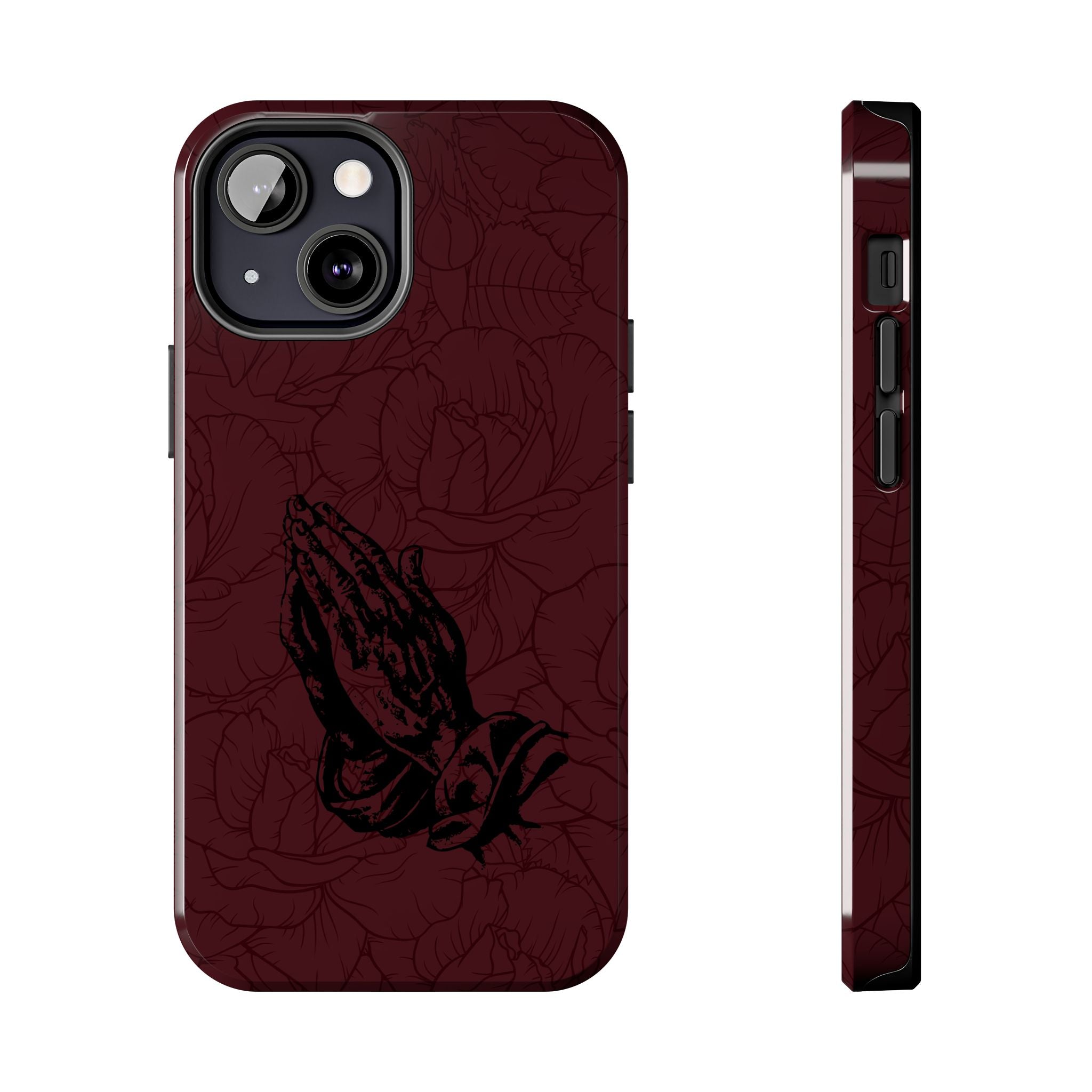 Burgundy Praying Hands Tough Phone Case – Floral Background, Religious Protective Cover