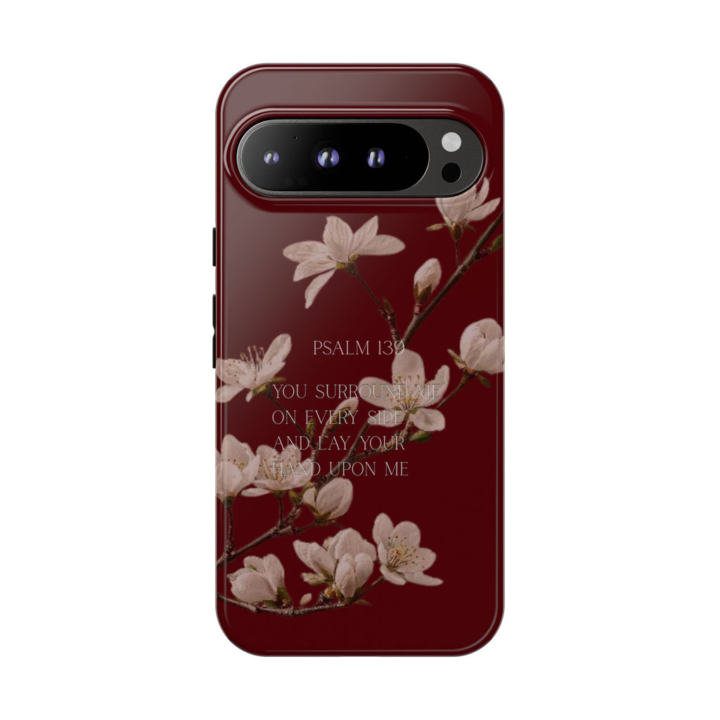 Floral Psalm Tough Phone Case — Burgundy Magnolia Branch with Psalm 139 Verse