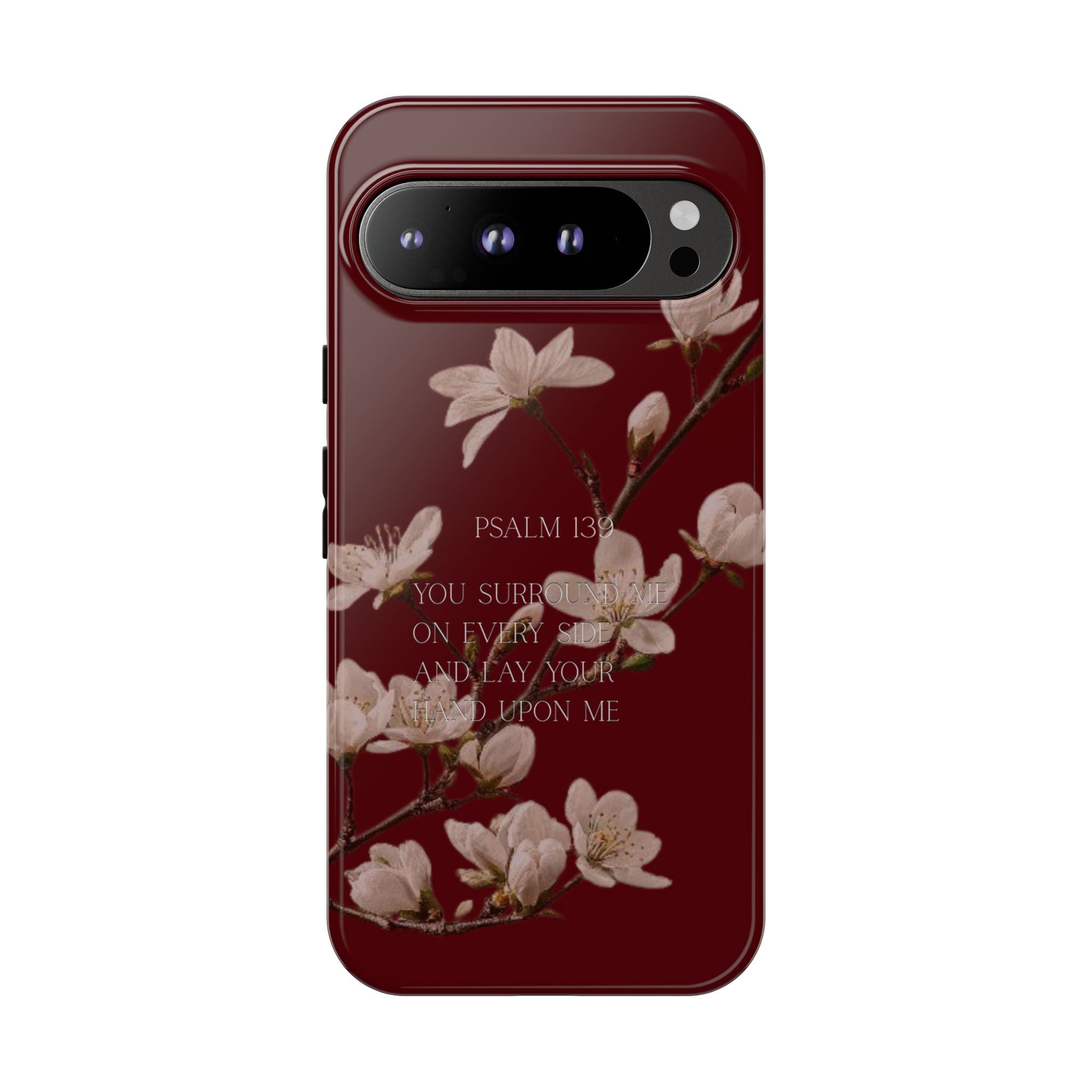 Floral Psalm Tough Phone Case — Burgundy Magnolia Branch with Psalm 139 Verse