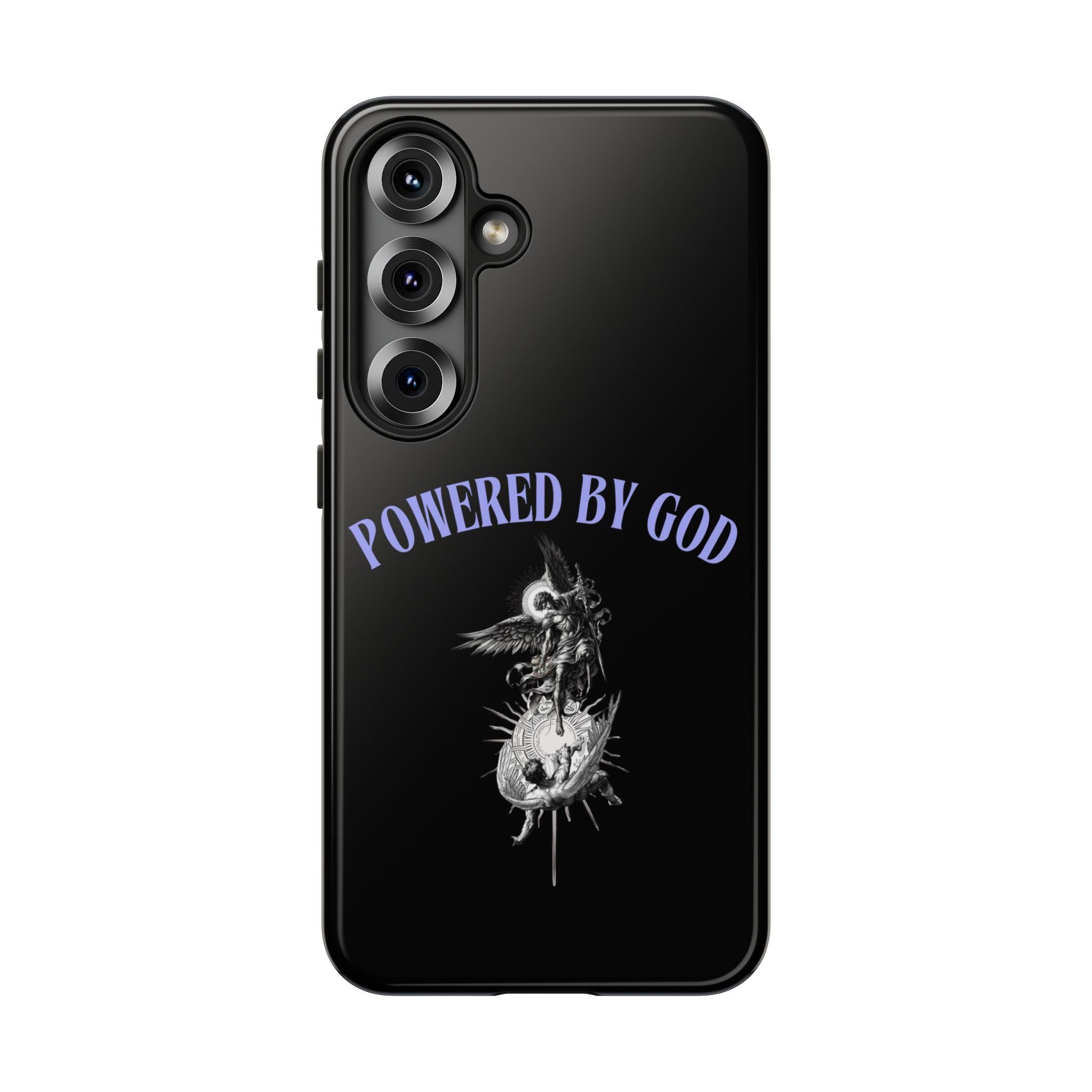 Phone Case — "Powered by God" Black Protective Case with Angelic Skull Design