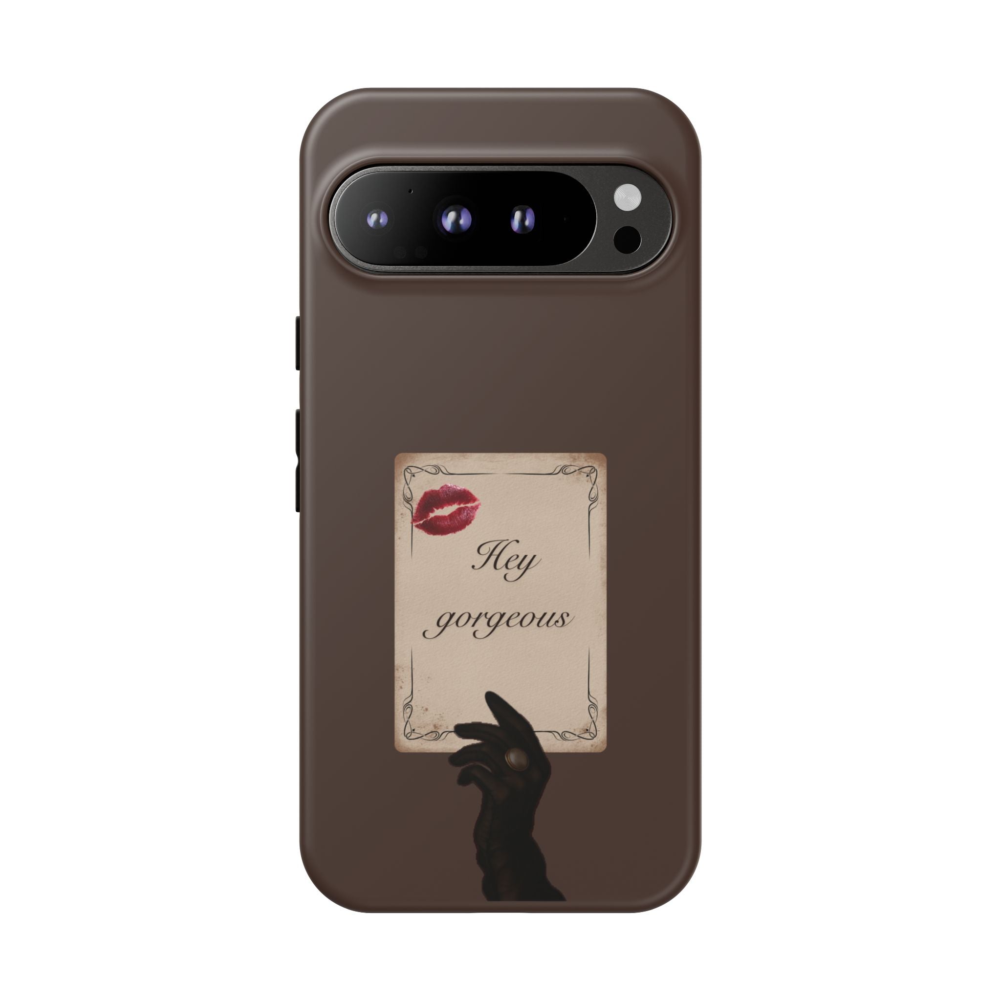 Hey Gorgeous Phone Case — Brown Lip Print & Shadow Hand Protective Cover
