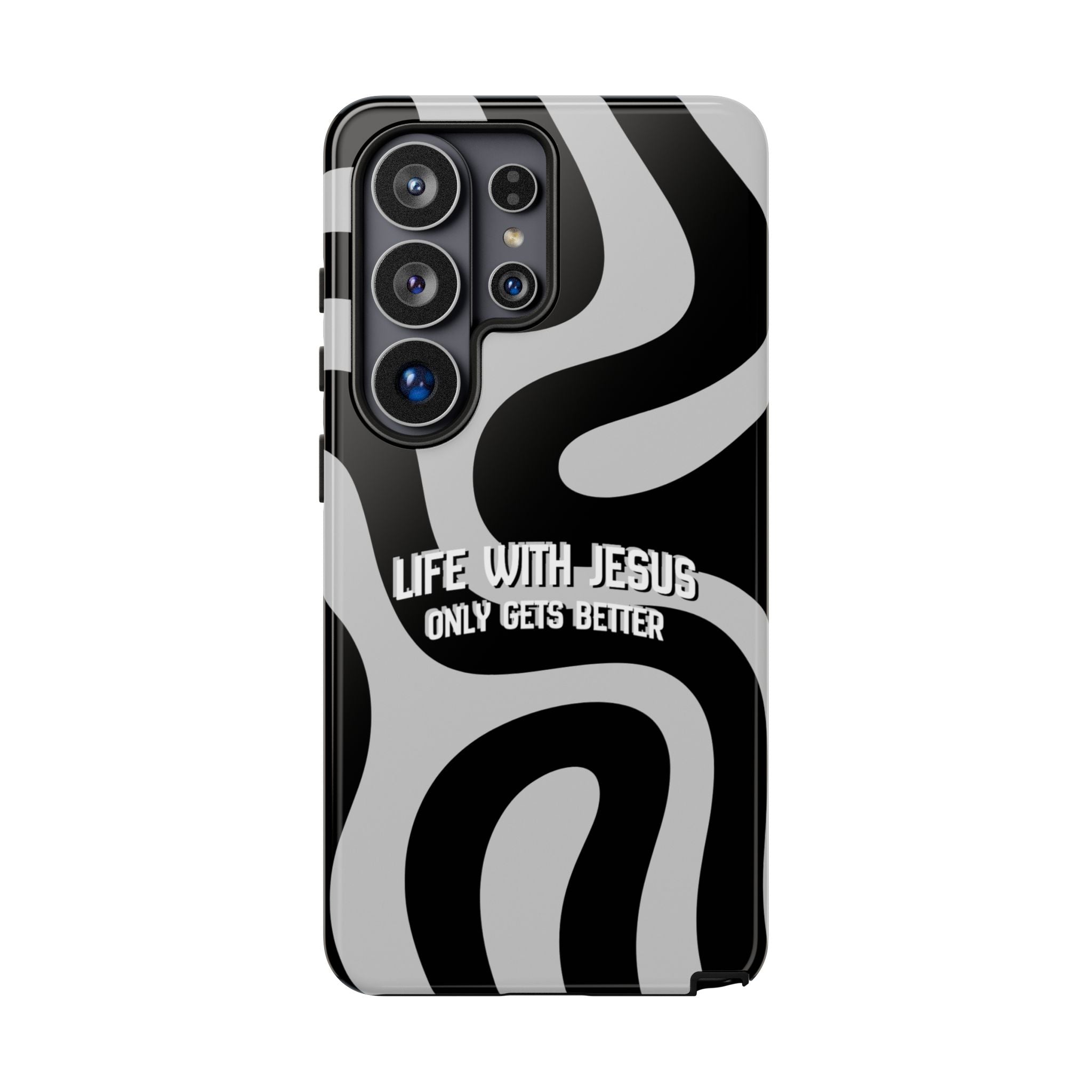 Christian iPhone Tough Case — "Life With Jesus Only Gets Better" Black & White Swirl Design