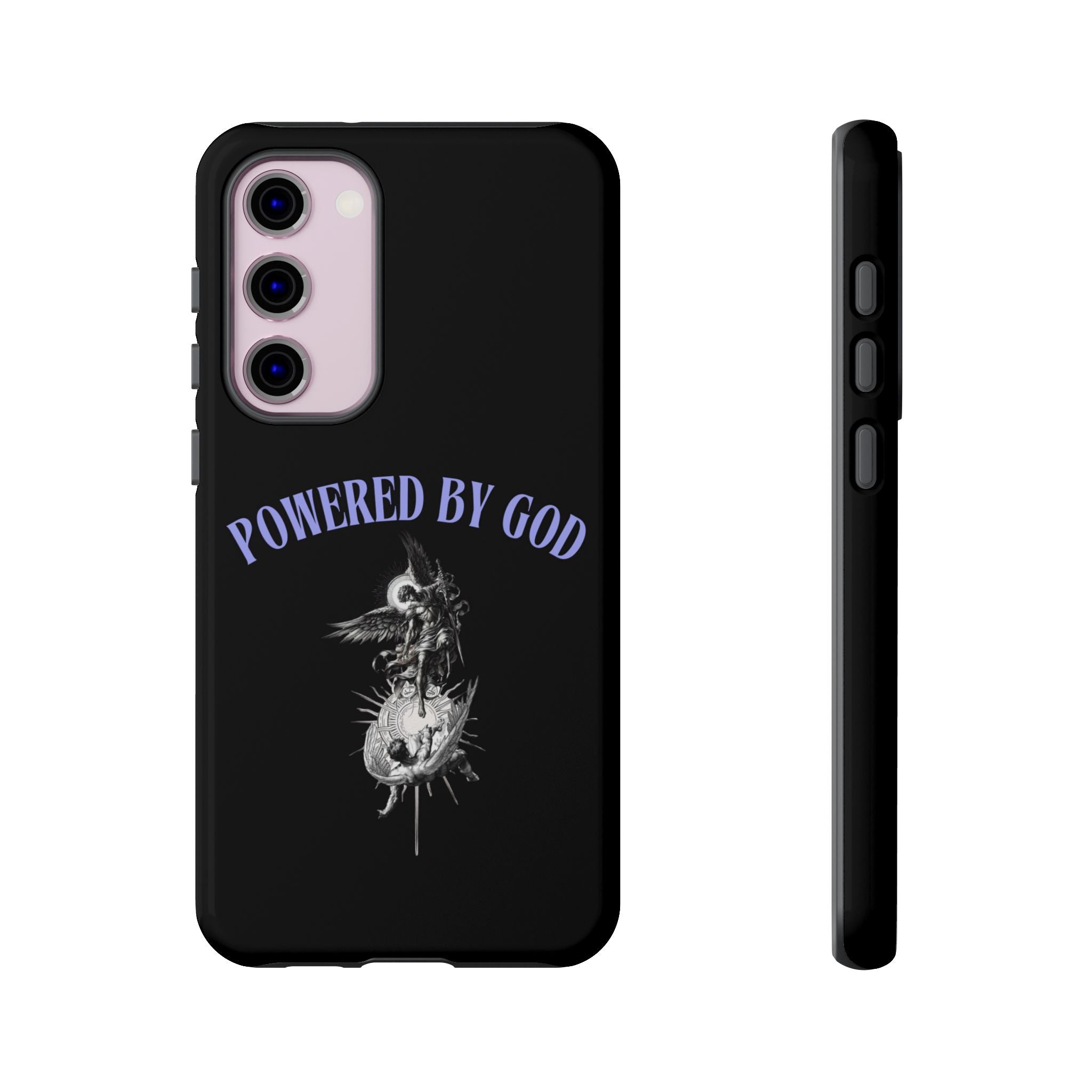 Phone Case — "Powered by God" Black Protective Case with Angelic Skull Design