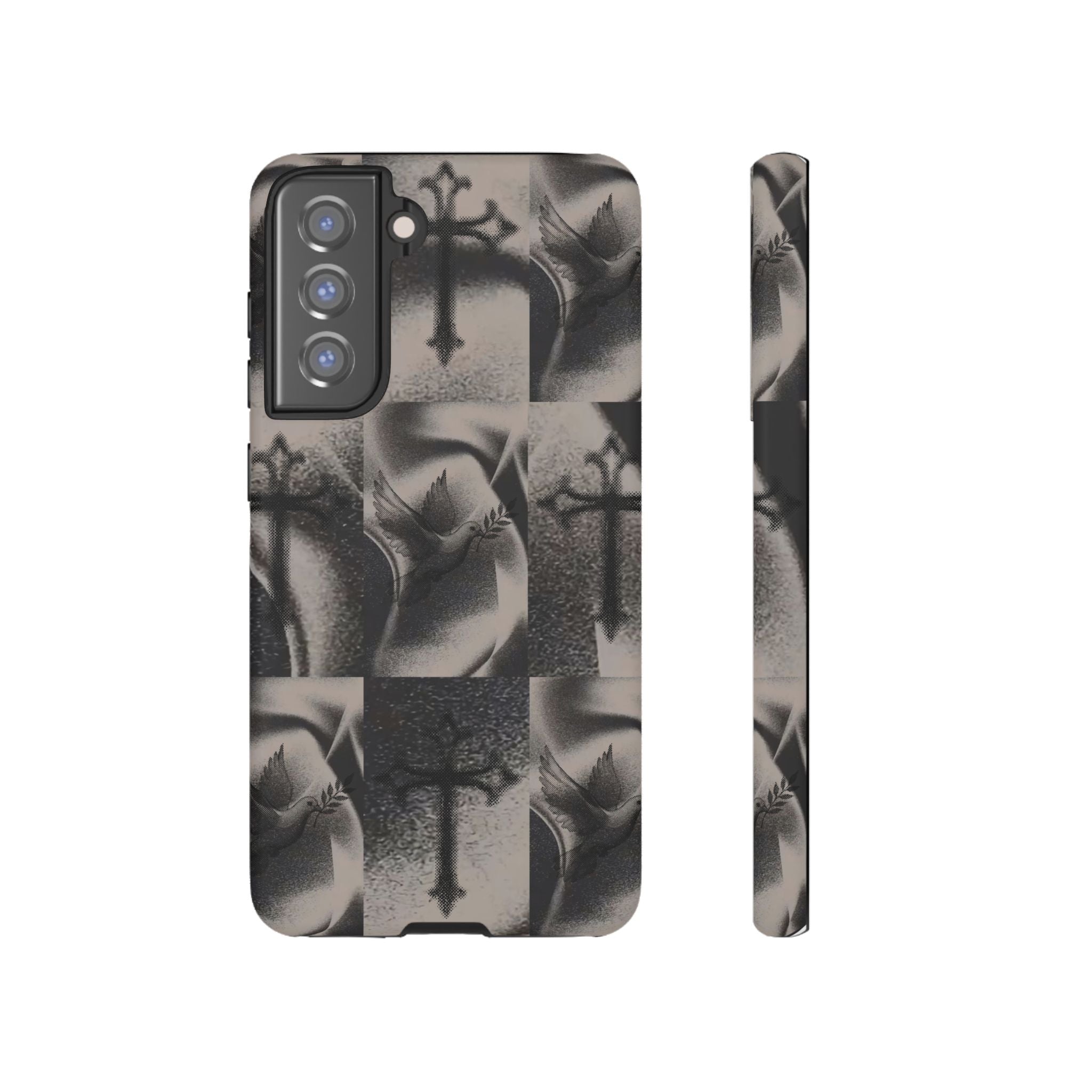 Gothic Cross & Dove Phone Case — Moody Checkerboard Protective Case