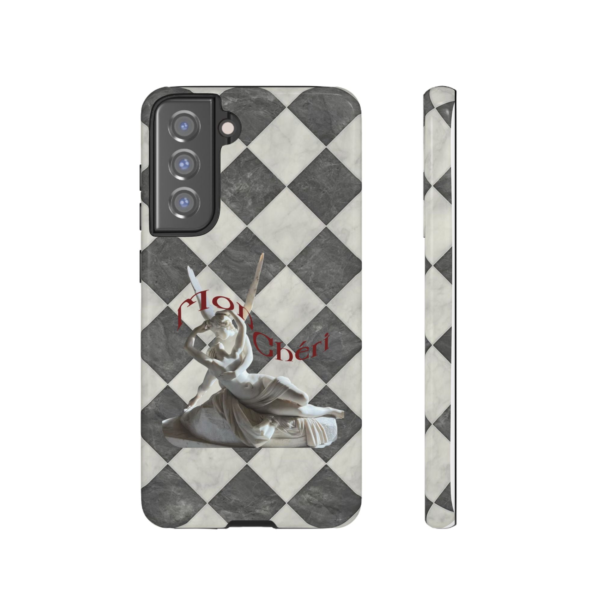 Phone Case — Vintage Harlequin Design with 'Mon Cheri' Statue Accent