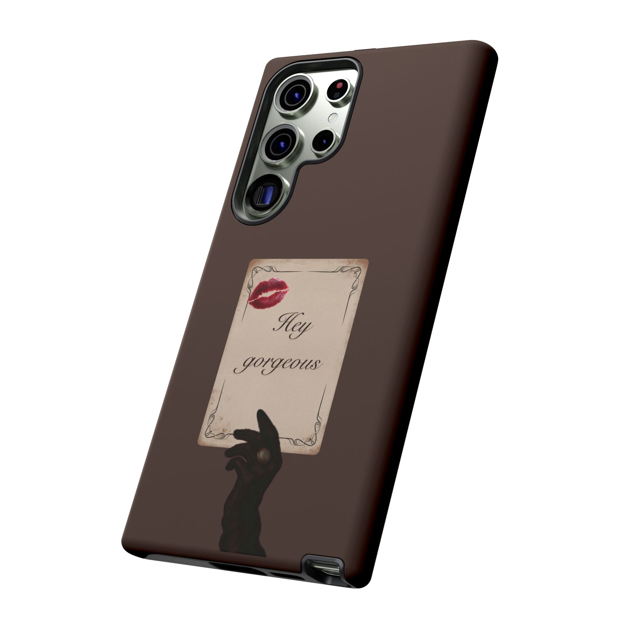 Hey Gorgeous Phone Case — Brown Lip Print & Shadow Hand Protective Cover