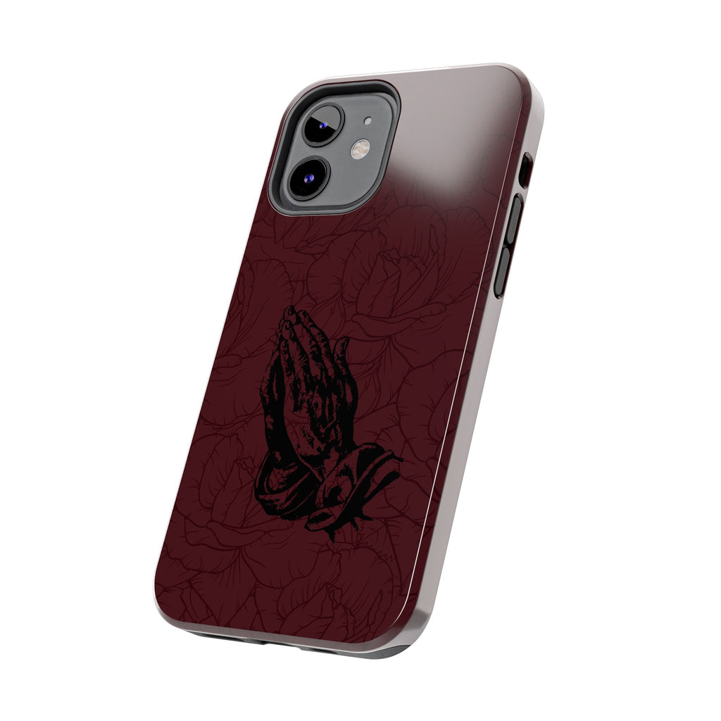 Burgundy Praying Hands Tough Phone Case – Floral Background, Religious Protective Cover