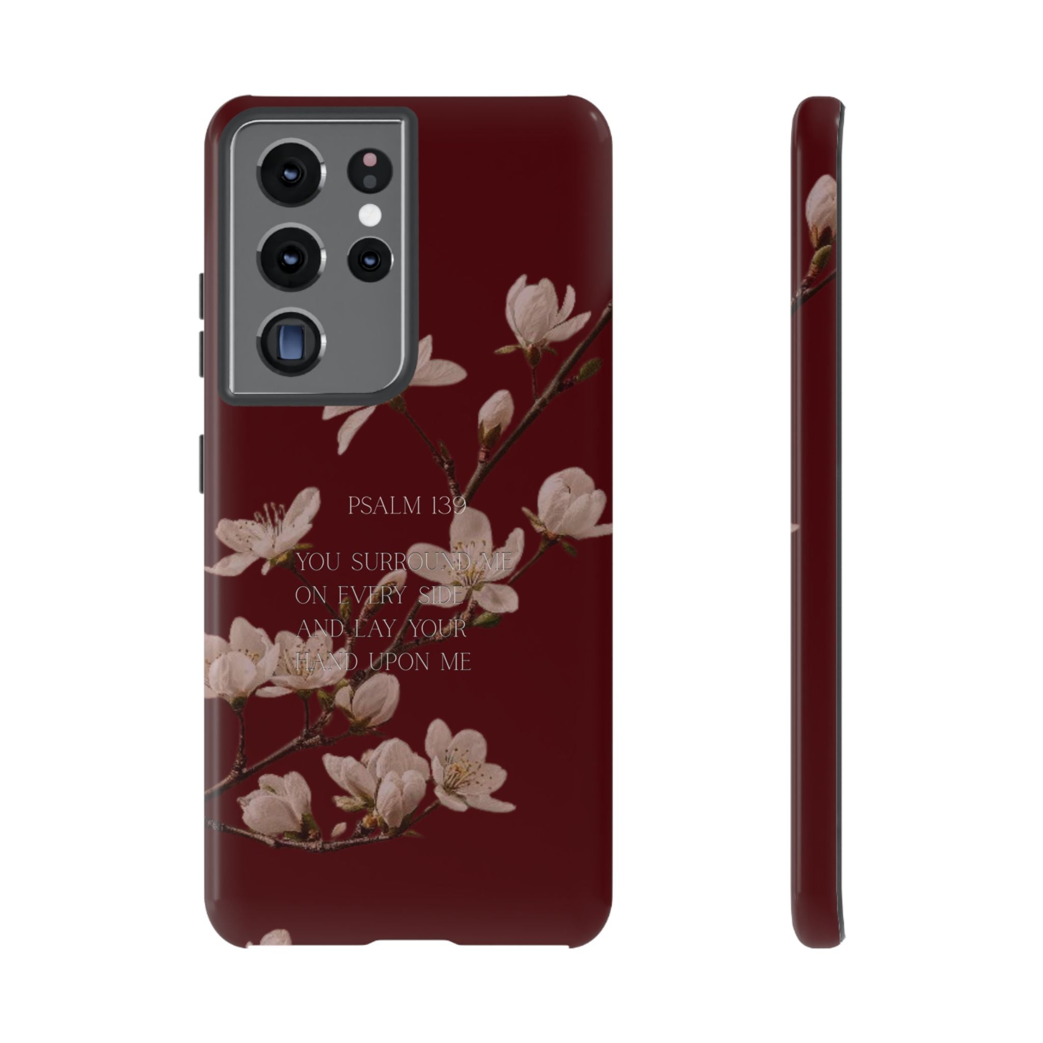 Floral Psalm Tough Phone Case — Burgundy Magnolia Branch with Psalm 139 Verse