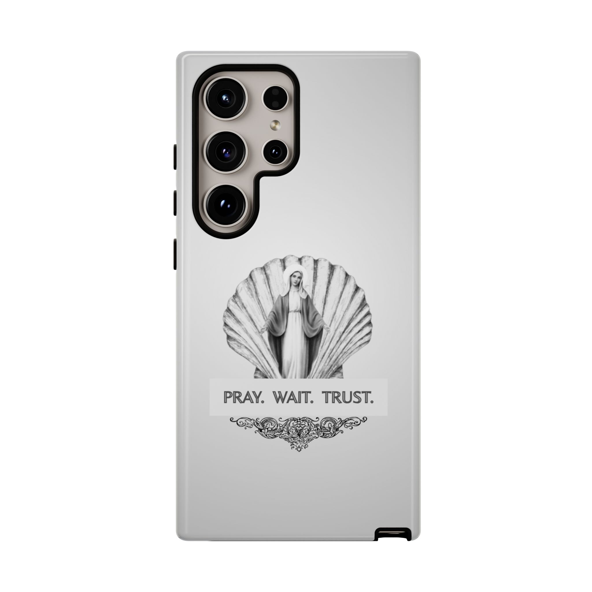 Phone Case — 'Pray. Wait. Trust.' Religious Shell Design (Catholic Inspirational)