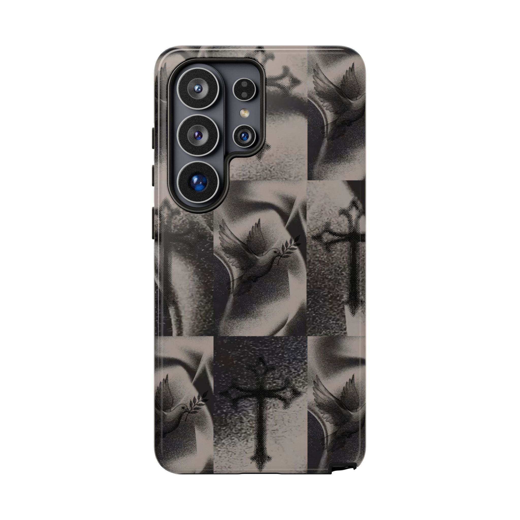 Gothic Cross & Dove Phone Case — Moody Checkerboard Protective Case