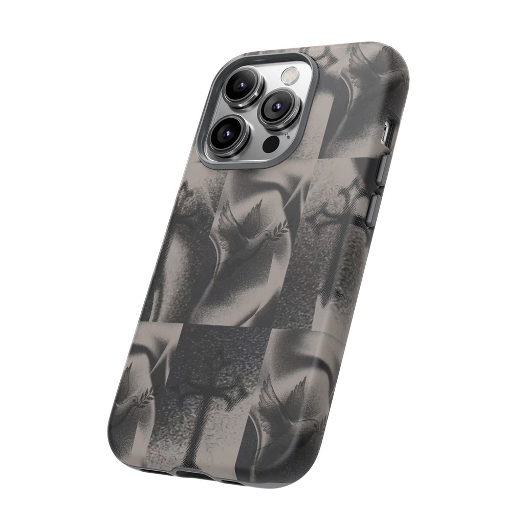 Gothic Cross & Dove Phone Case — Moody Checkerboard Protective Case