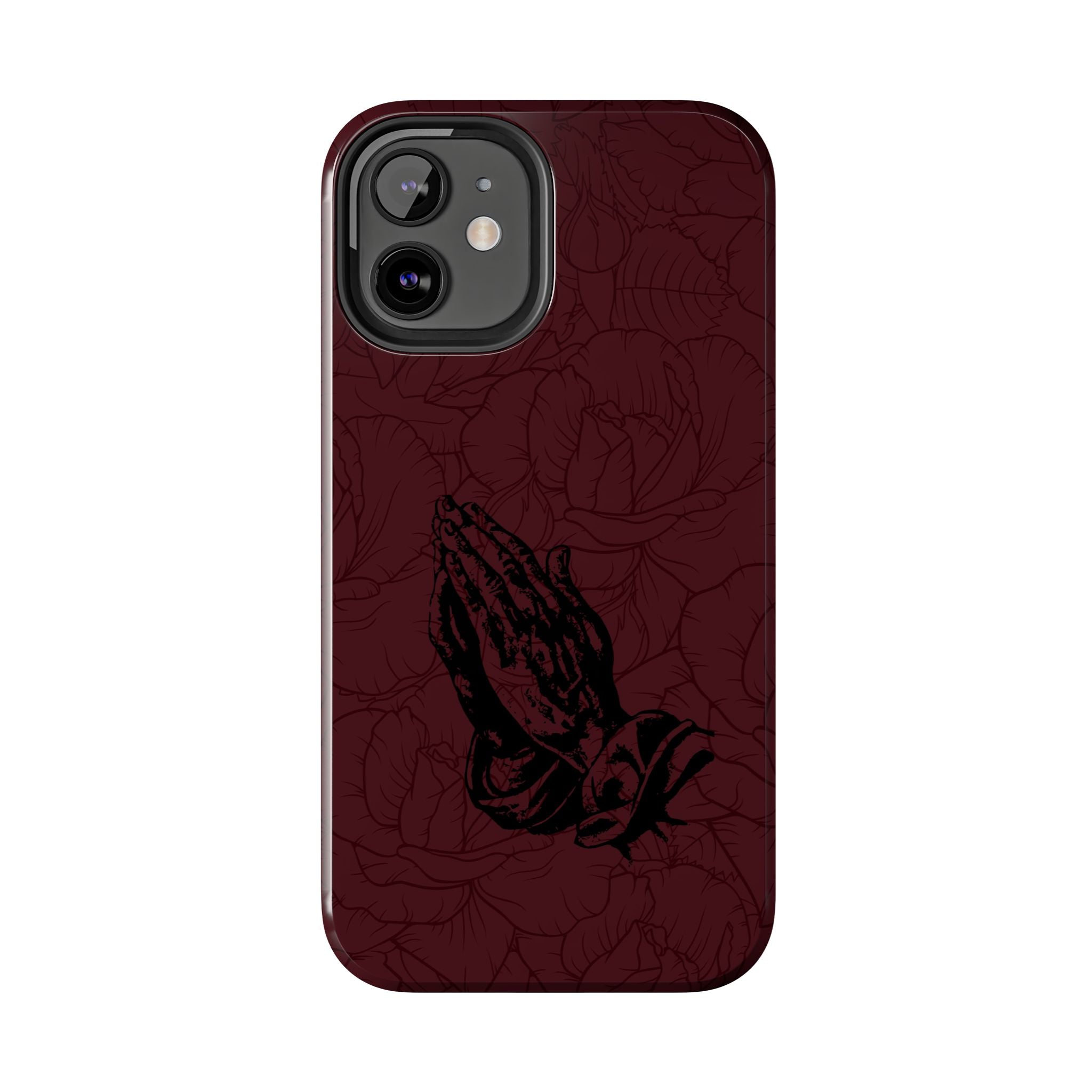 Burgundy Praying Hands Tough Phone Case – Floral Background, Religious Protective Cover