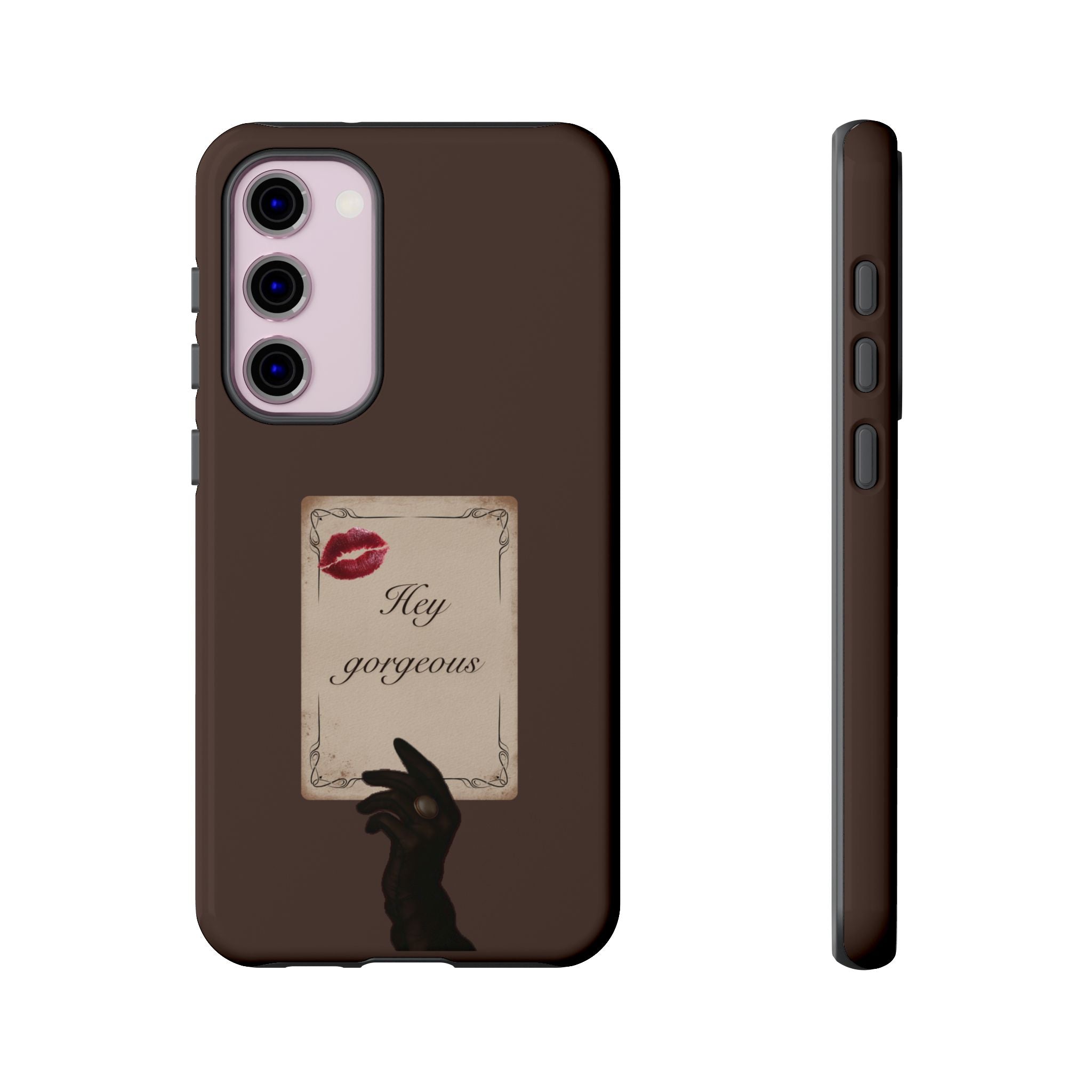 Hey Gorgeous Phone Case — Brown Lip Print & Shadow Hand Protective Cover