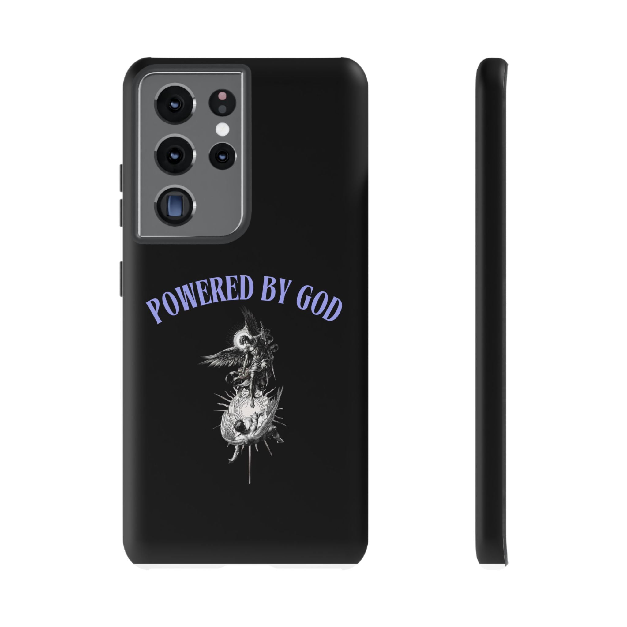 Phone Case — "Powered by God" Black Protective Case with Angelic Skull Design