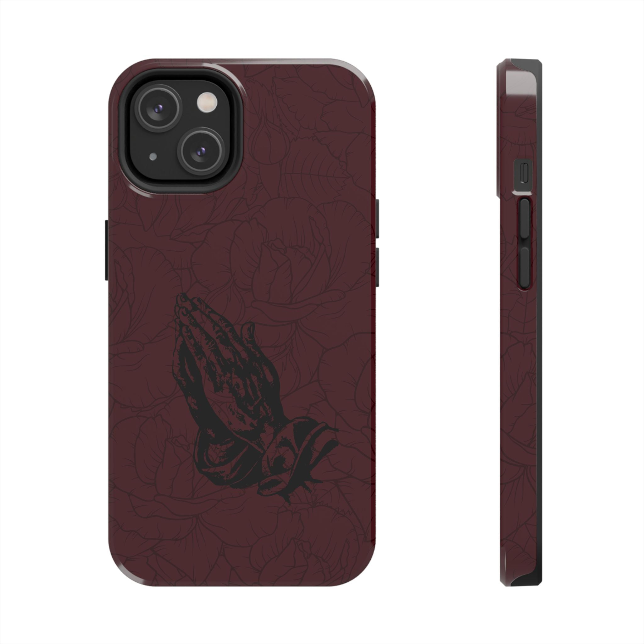 Burgundy Praying Hands Tough Phone Case – Floral Background, Religious Protective Cover