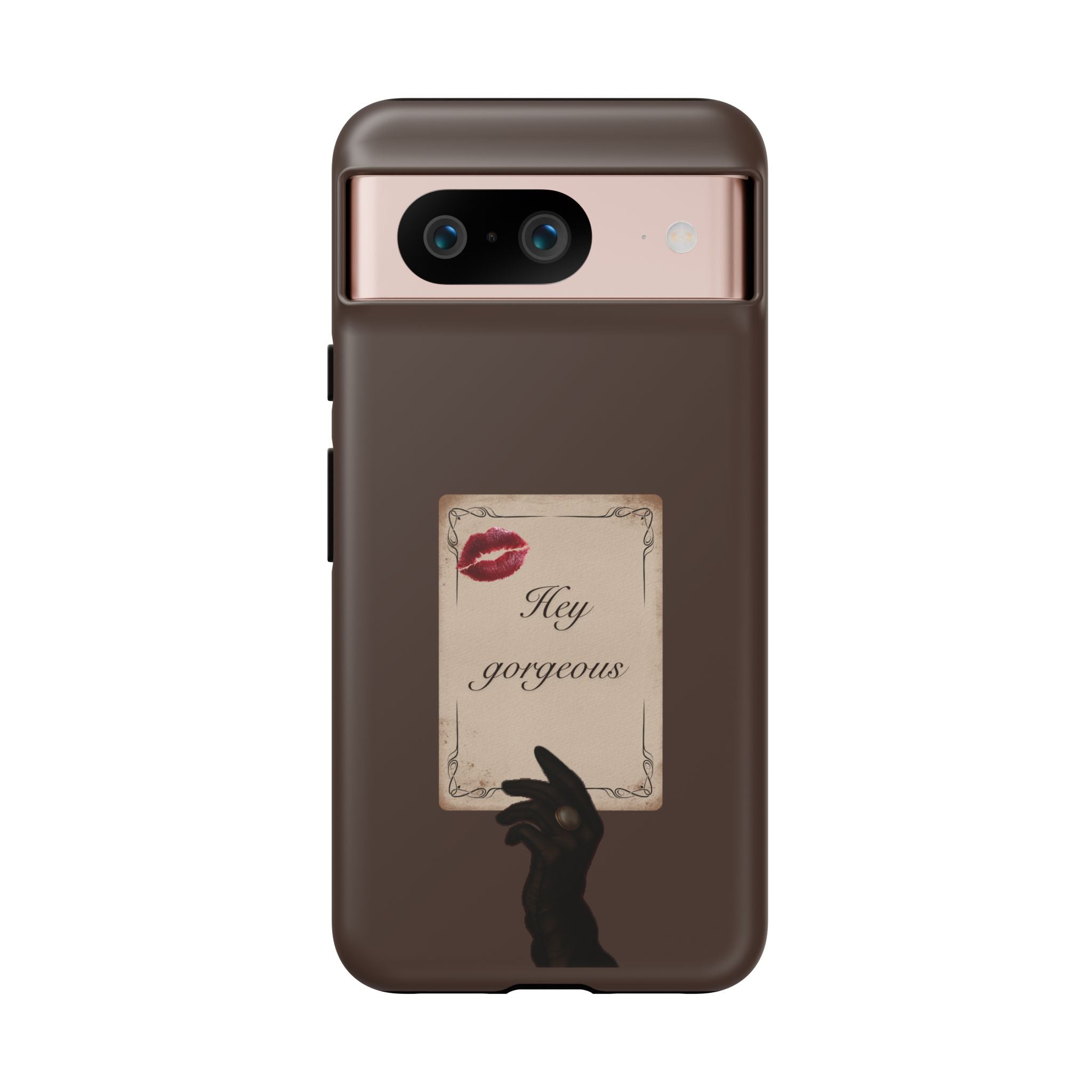 Hey Gorgeous Phone Case — Brown Lip Print & Shadow Hand Protective Cover