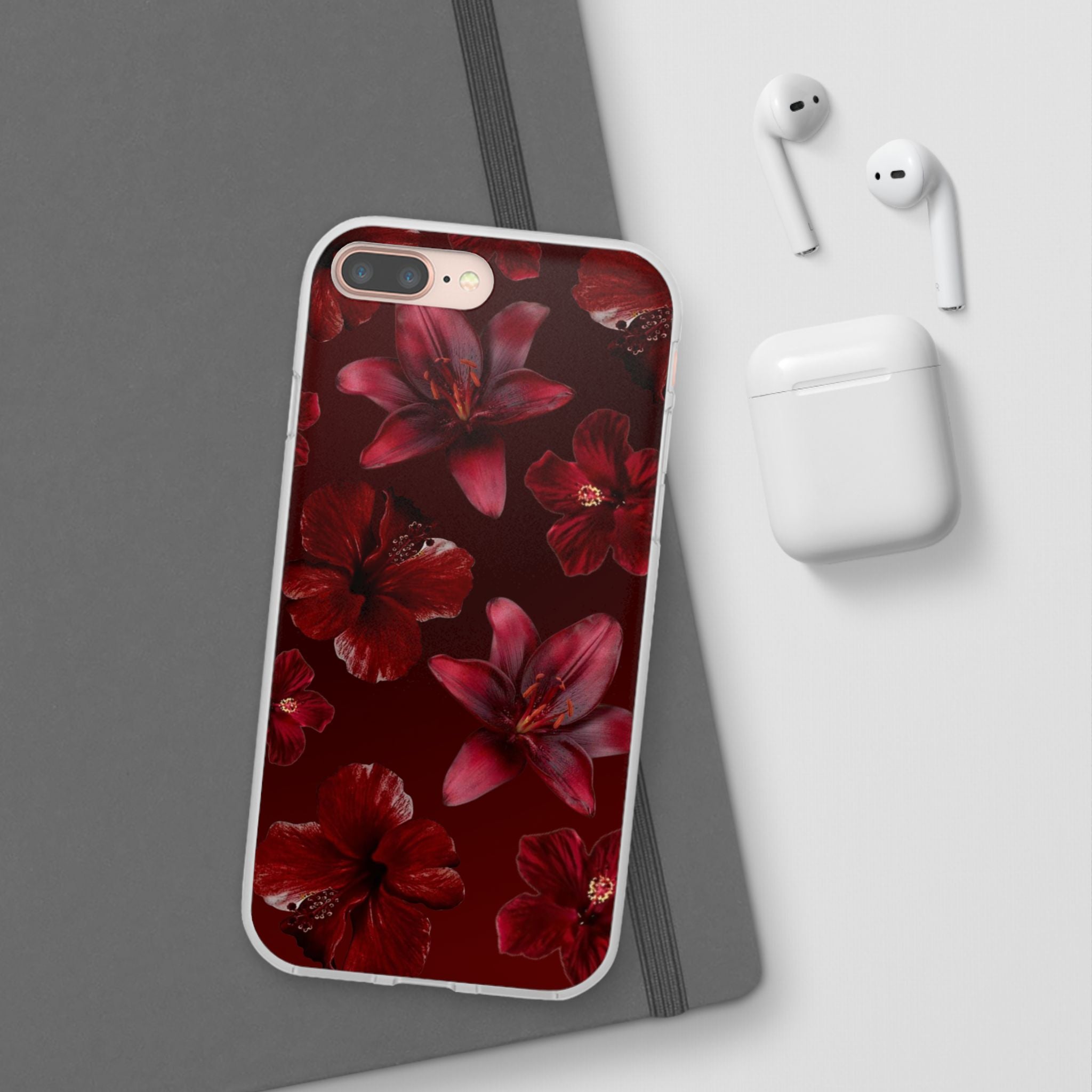 Red Floral Flexi Phone Case – Dark Burgundy Lily Pattern