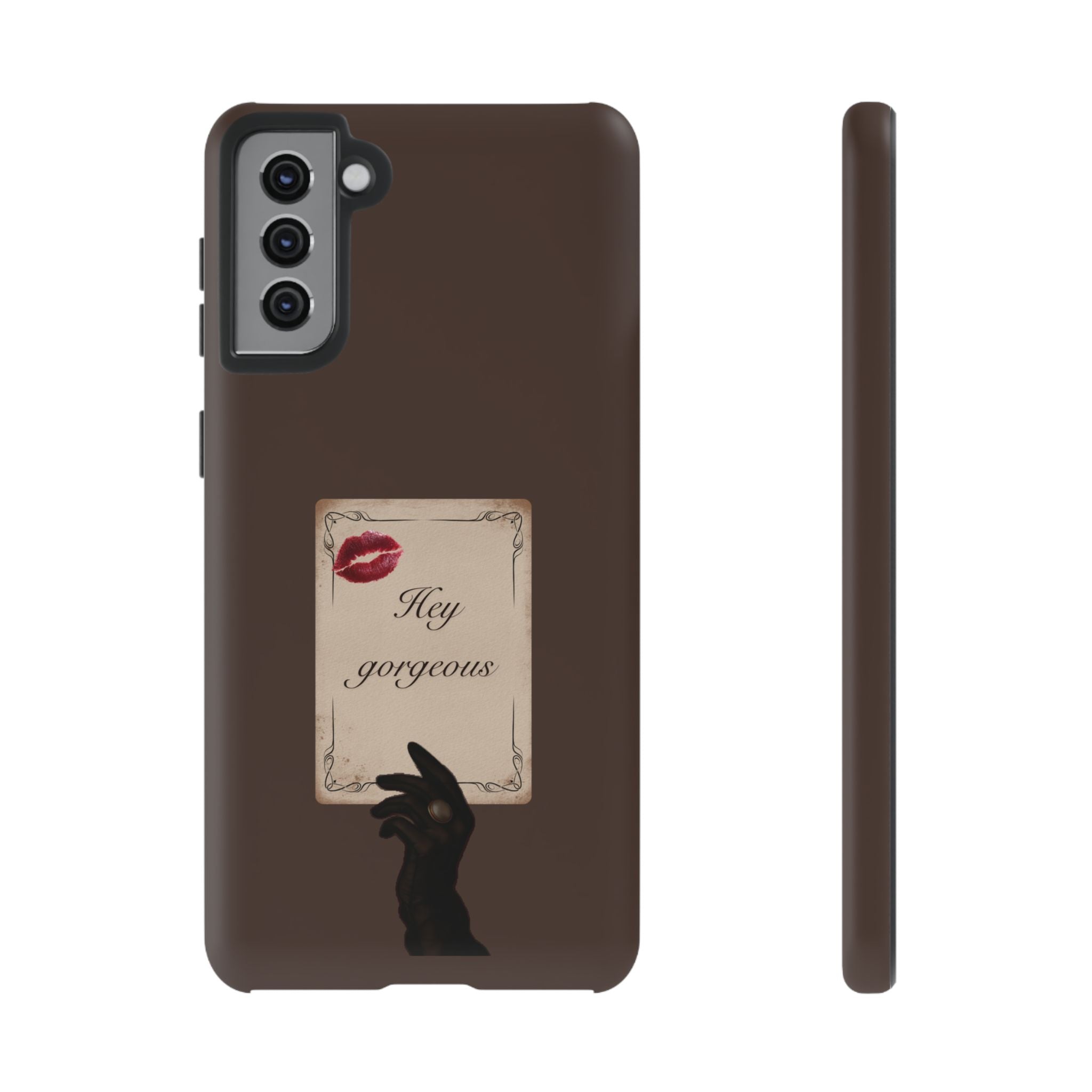 Hey Gorgeous Phone Case — Brown Lip Print & Shadow Hand Protective Cover