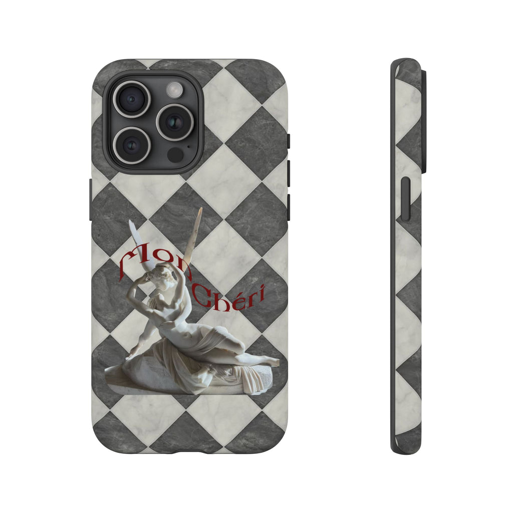 Phone Case — Vintage Harlequin Design with 'Mon Cheri' Statue Accent