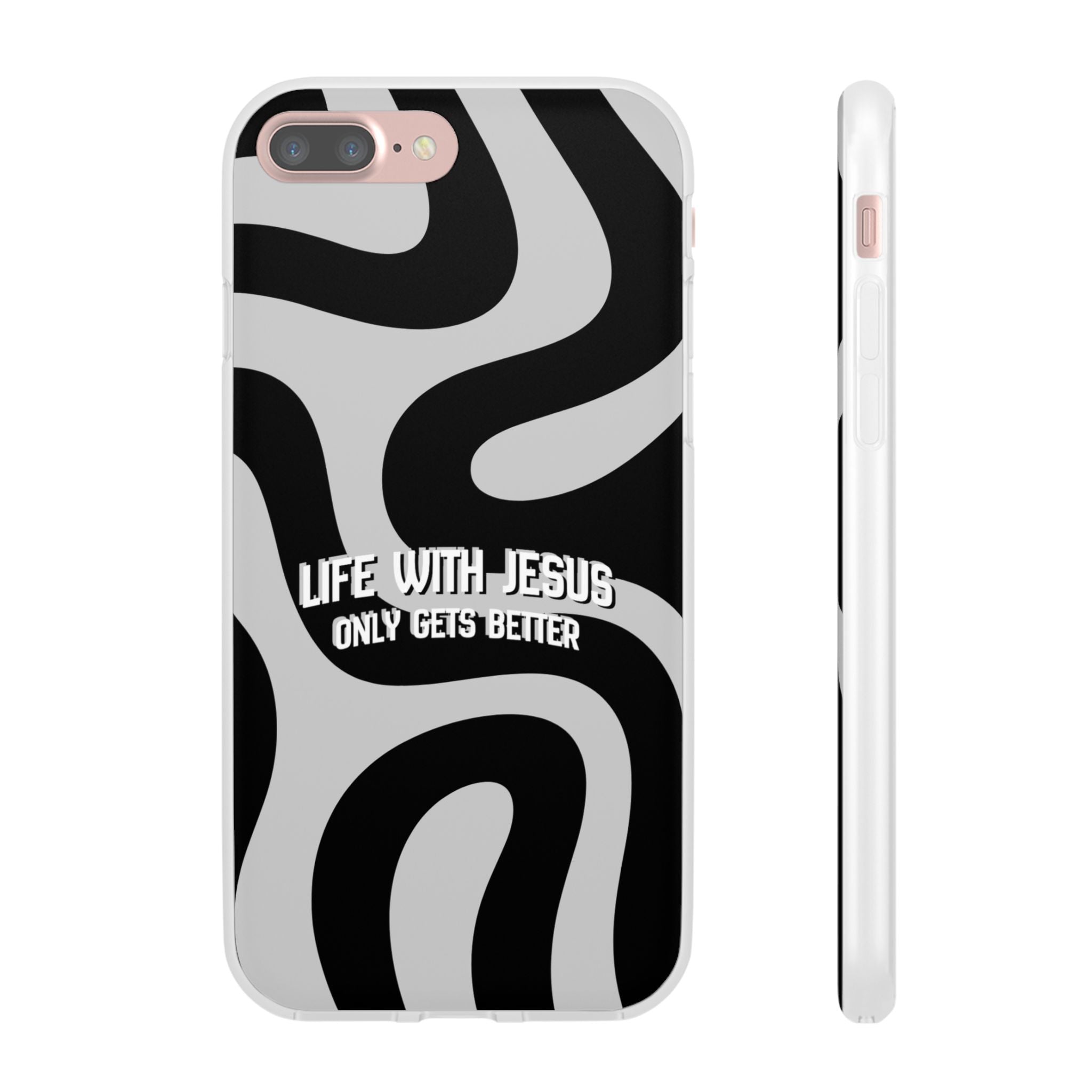 Religious Phone Case — "Life With Jesus Only Gets Better" Black & White Swirl Flexi Case