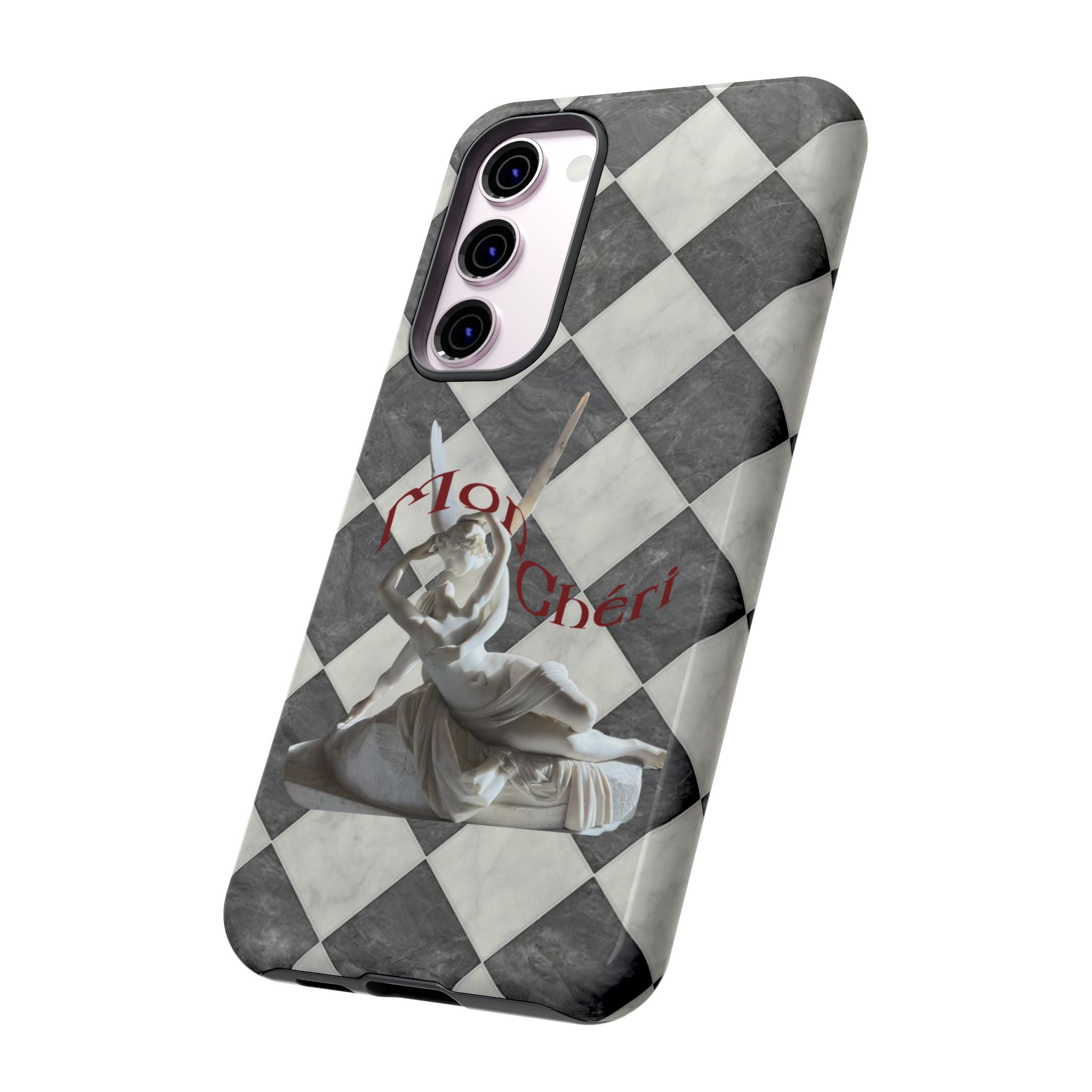 Phone Case — Vintage Harlequin Design with 'Mon Cheri' Statue Accent