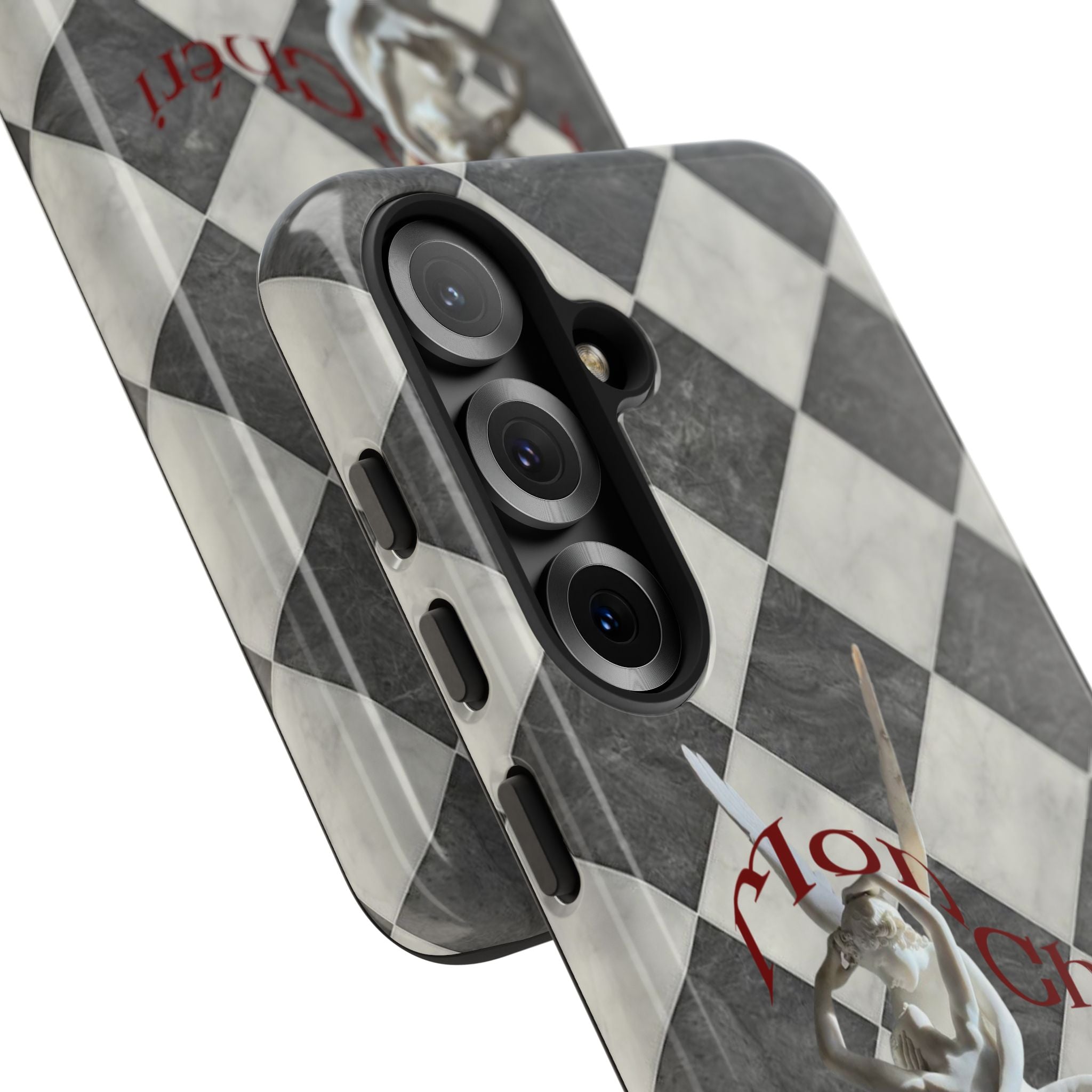 Phone Case — Vintage Harlequin Design with 'Mon Cheri' Statue Accent