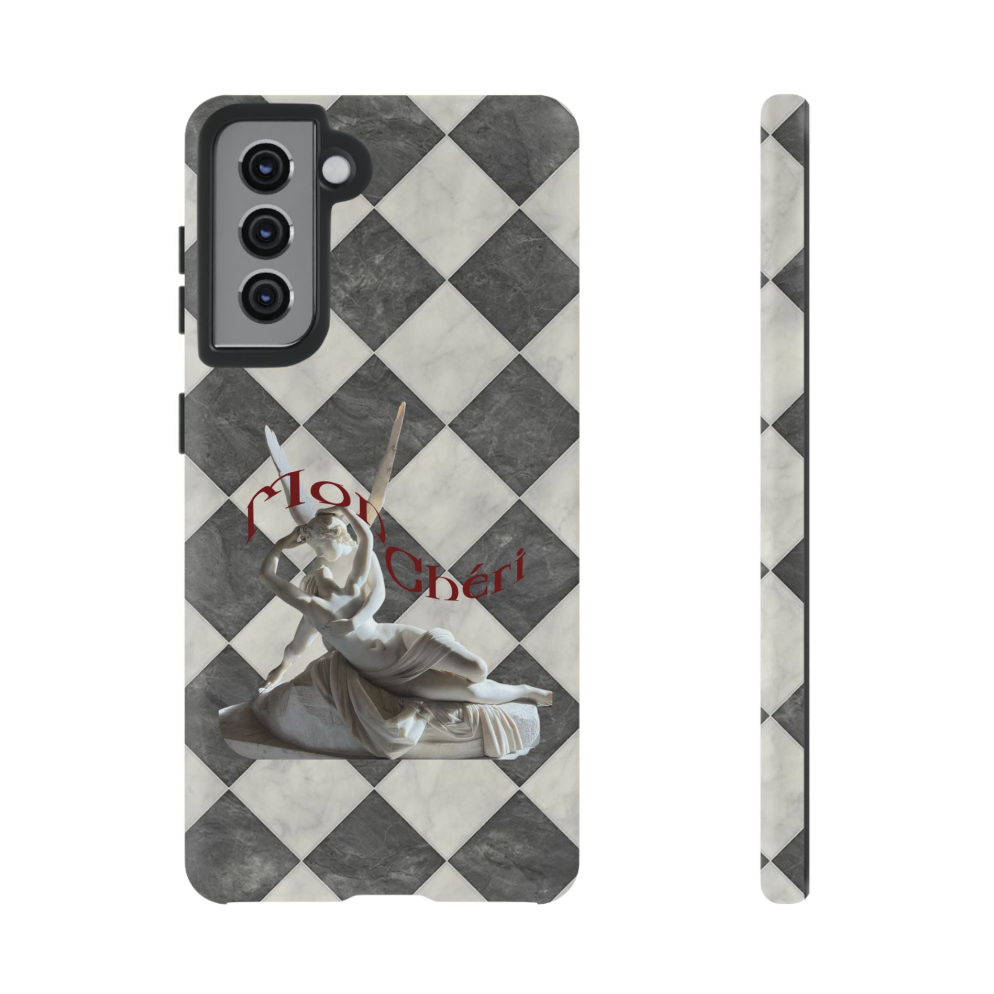 Phone Case — Vintage Harlequin Design with 'Mon Cheri' Statue Accent