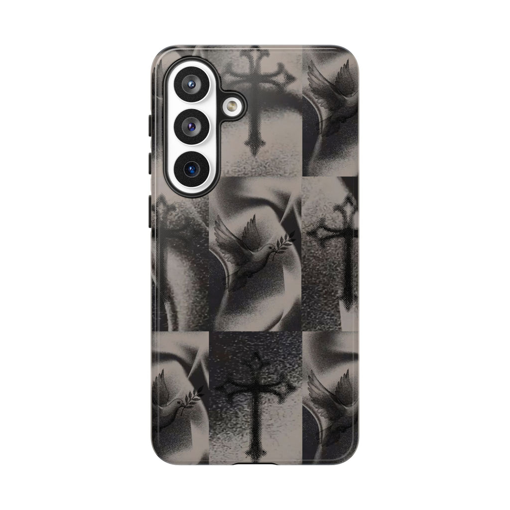 Gothic Cross & Dove Phone Case — Moody Checkerboard Protective Case