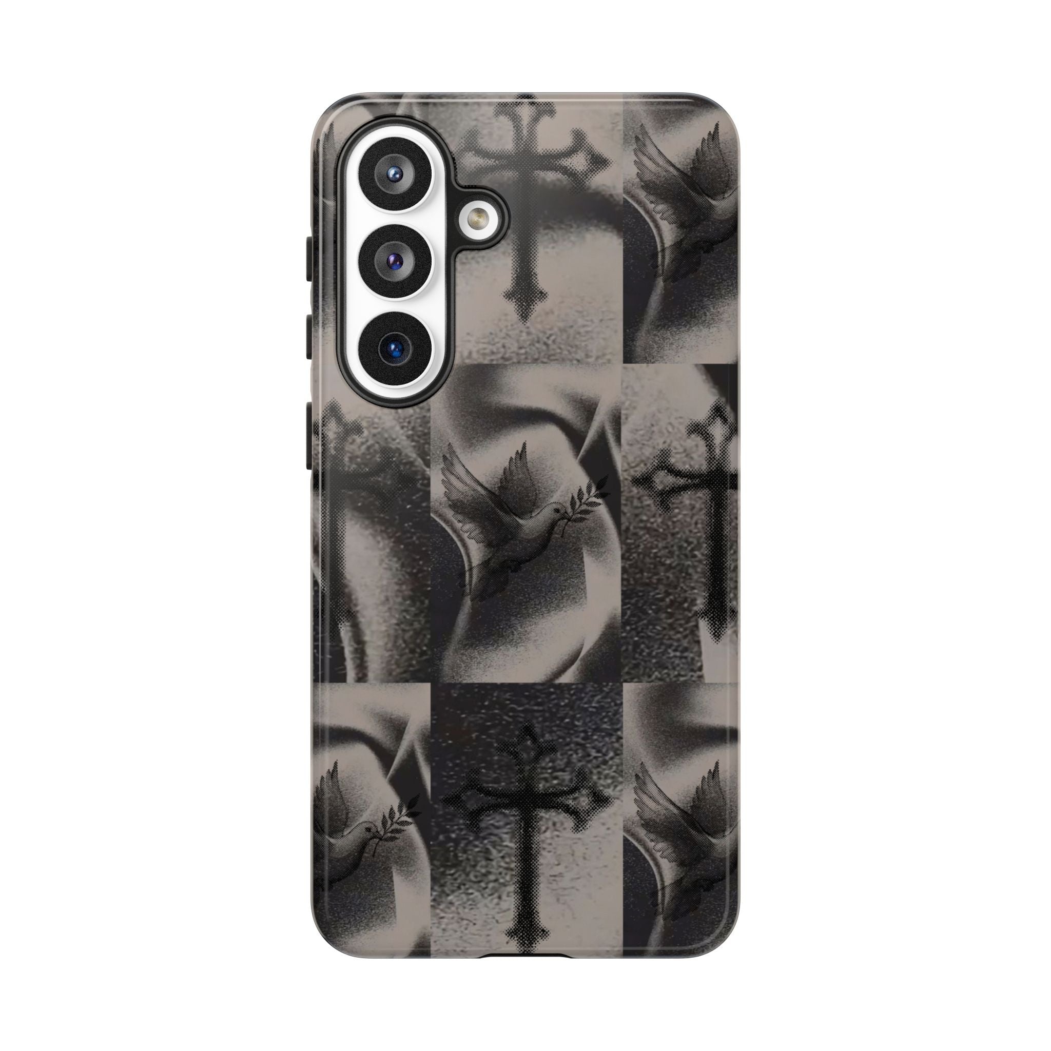 Gothic Cross & Dove Phone Case — Moody Checkerboard Protective Case