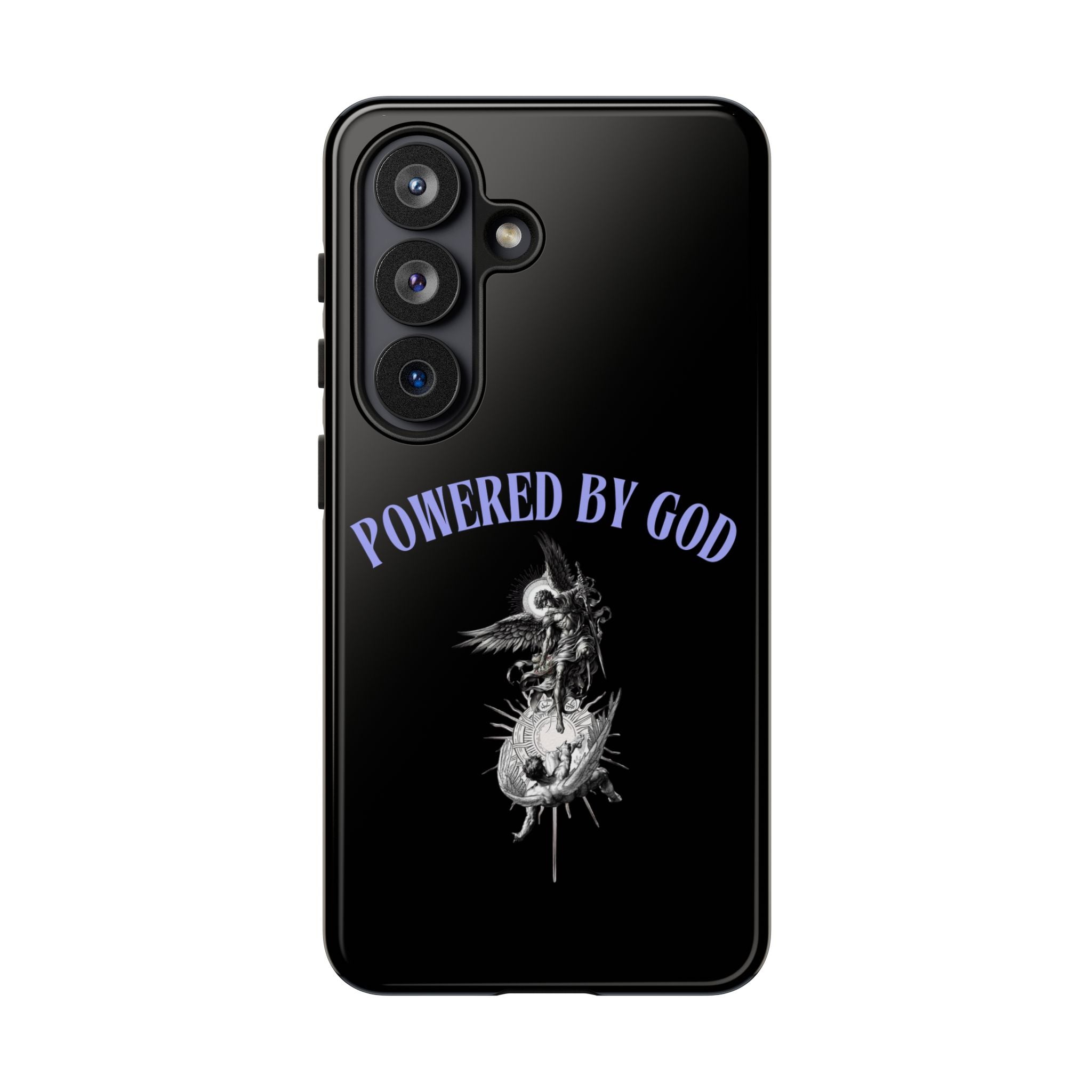 Phone Case — "Powered by God" Black Protective Case with Angelic Skull Design