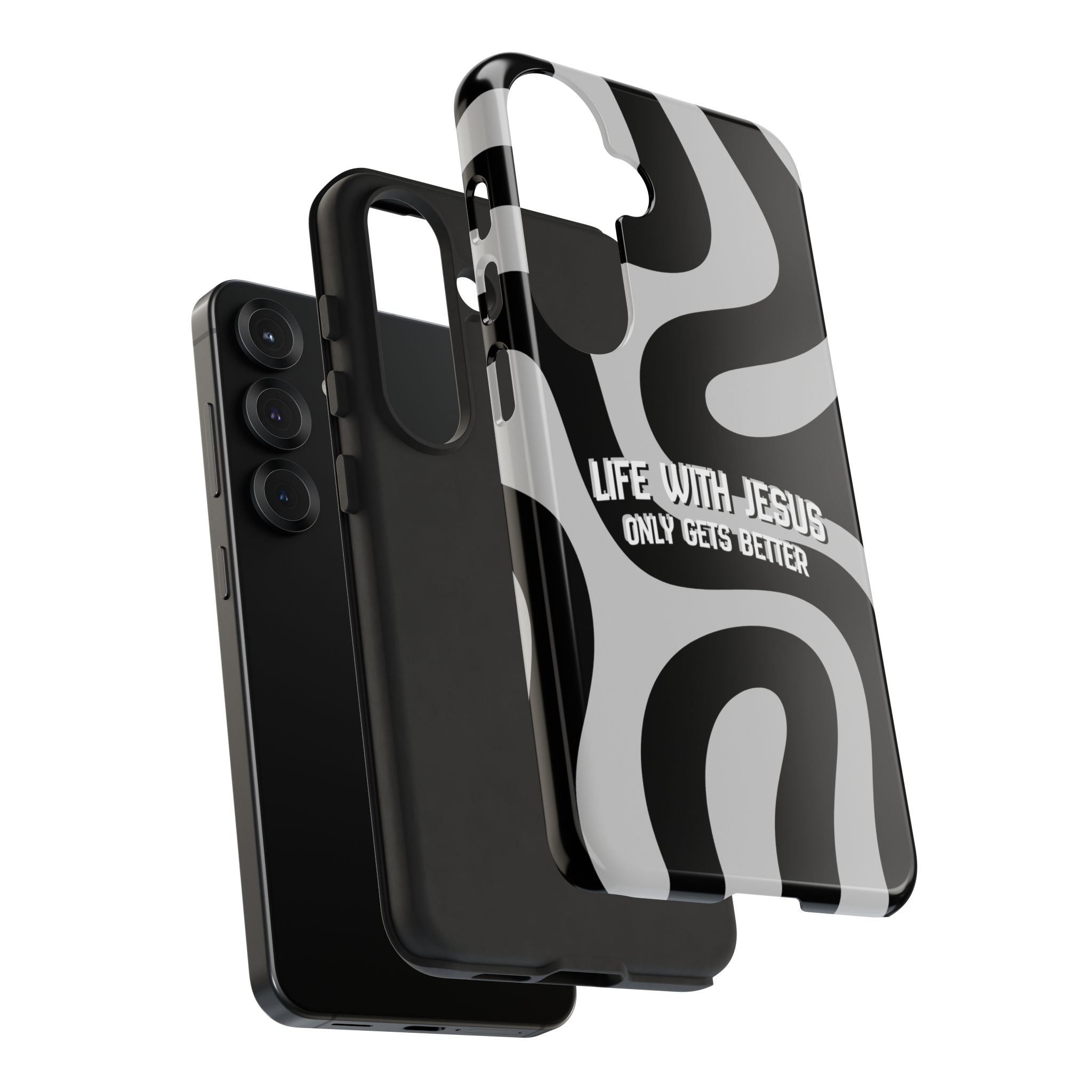 Christian iPhone Tough Case — "Life With Jesus Only Gets Better" Black & White Swirl Design