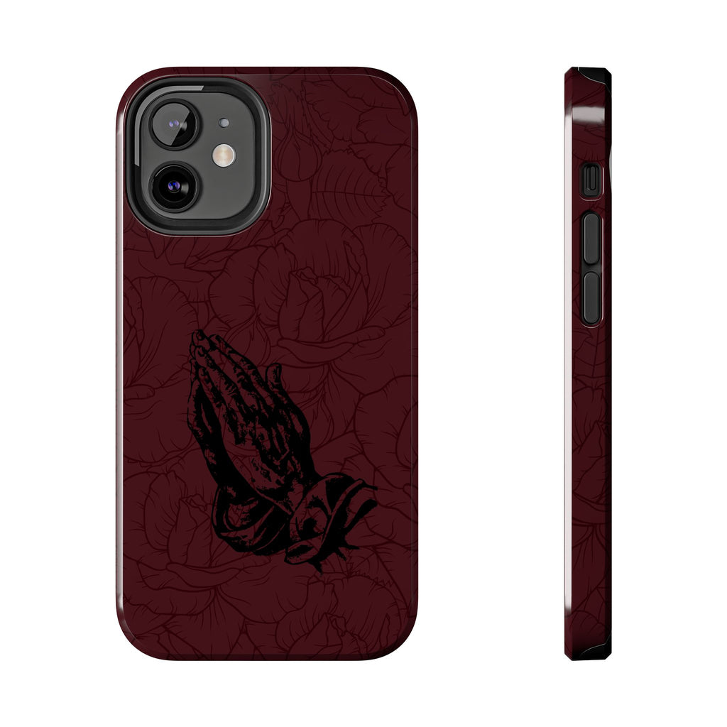 Burgundy Praying Hands Tough Phone Case – Floral Background, Religious Protective Cover