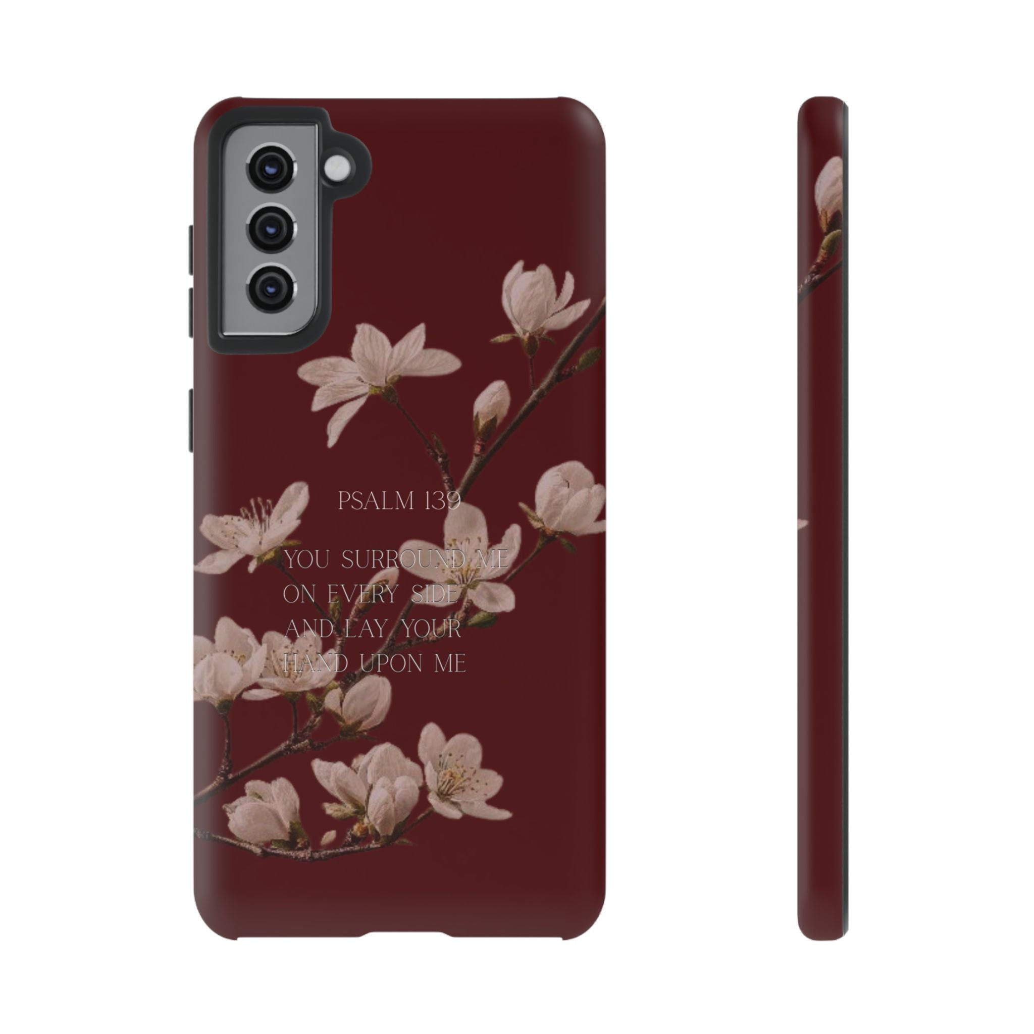 Floral Psalm Tough Phone Case — Burgundy Magnolia Branch with Psalm 139 Verse