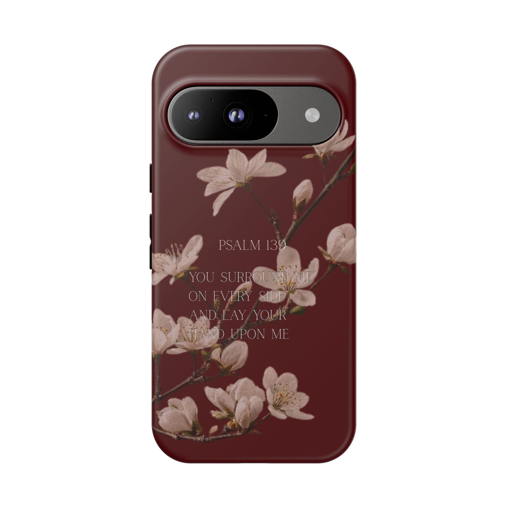 Floral Psalm Tough Phone Case — Burgundy Magnolia Branch with Psalm 139 Verse