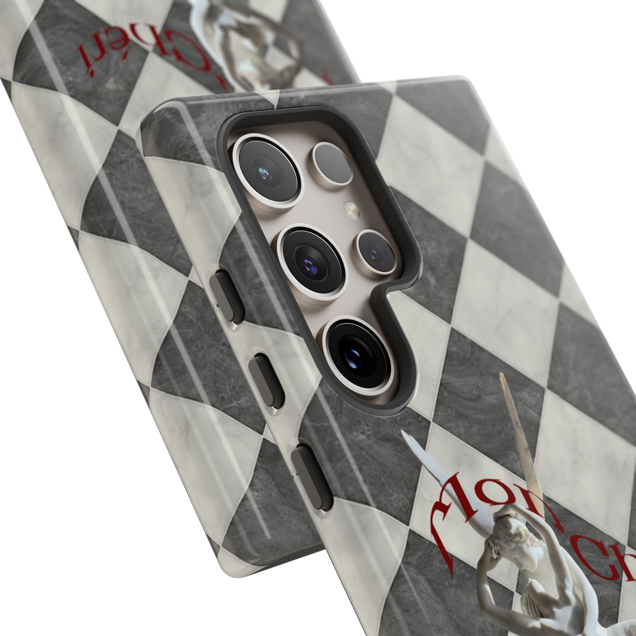 Phone Case — Vintage Harlequin Design with 'Mon Cheri' Statue Accent