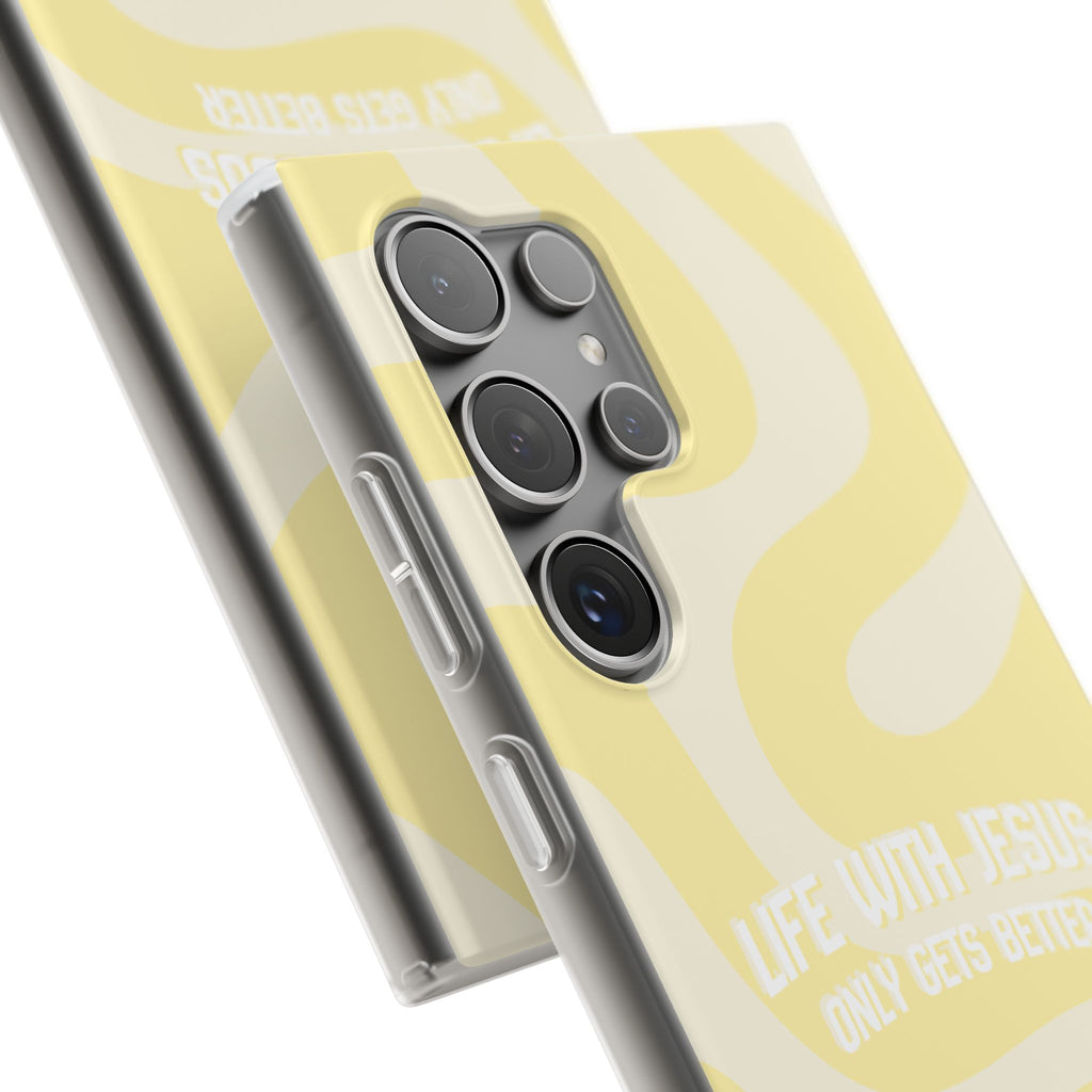 Christian Phone Case - "Life With Jesus Only Gets Better" Yellow Swirl Flexi Case