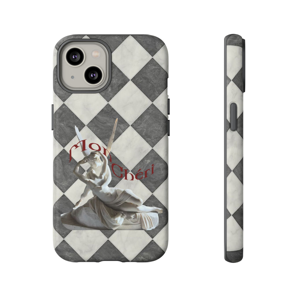 Phone Case — Vintage Harlequin Design with 'Mon Cheri' Statue Accent